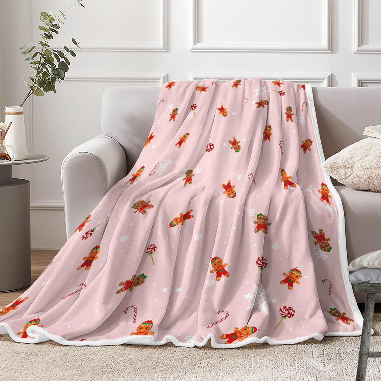Pink Christmas Gingerbread Throw Blanket, Gingerbread Man Candy Cane Blanket Xmas Winter Flannel Warm Throw Blankets Soft Cozy Decorative for Christmas Home Bed Sofa Couch Decor, 50 x 60 Inch