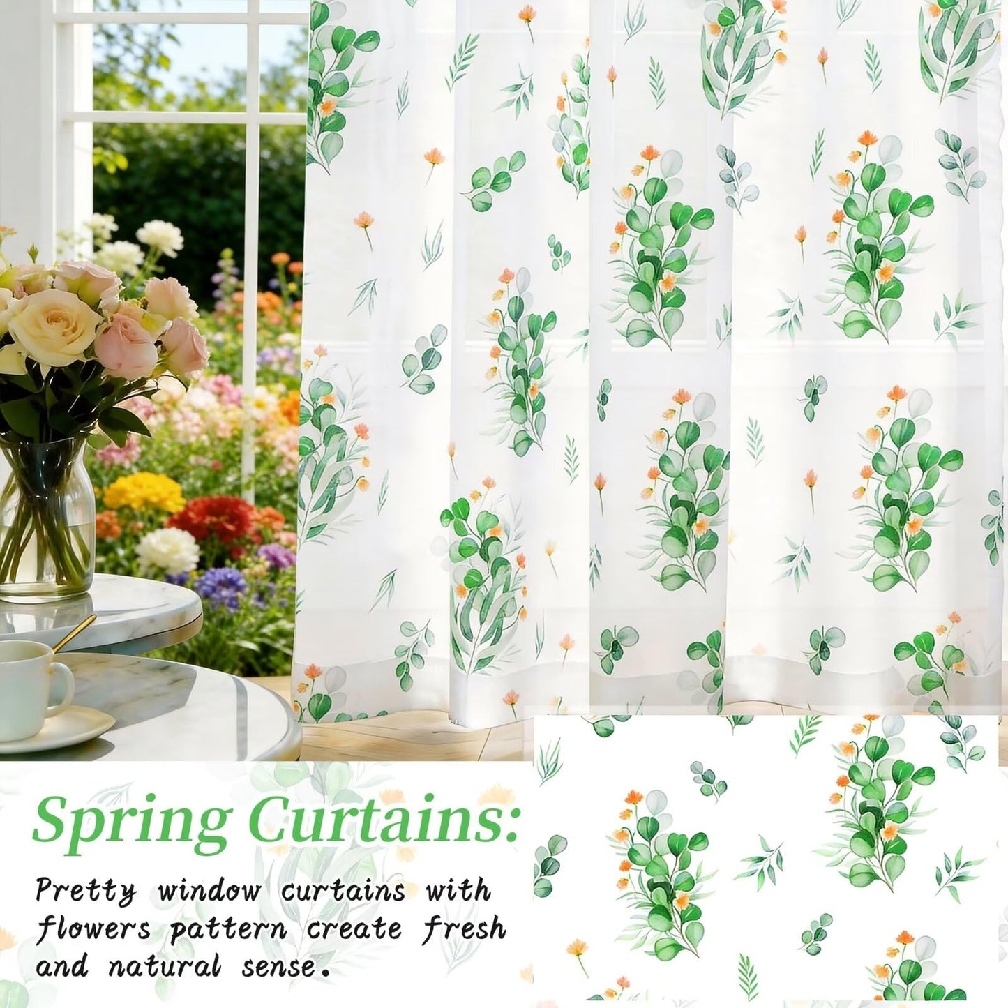 youleyar Floral Sheer Curtains for Living Room 84 Inches Long 2 Panels White Semi-Sheer Curtain with Green Floral Printed Pattern Summer/Spring Rod Pocket Voile Drapes for Bedroom, 52" W x 84" L