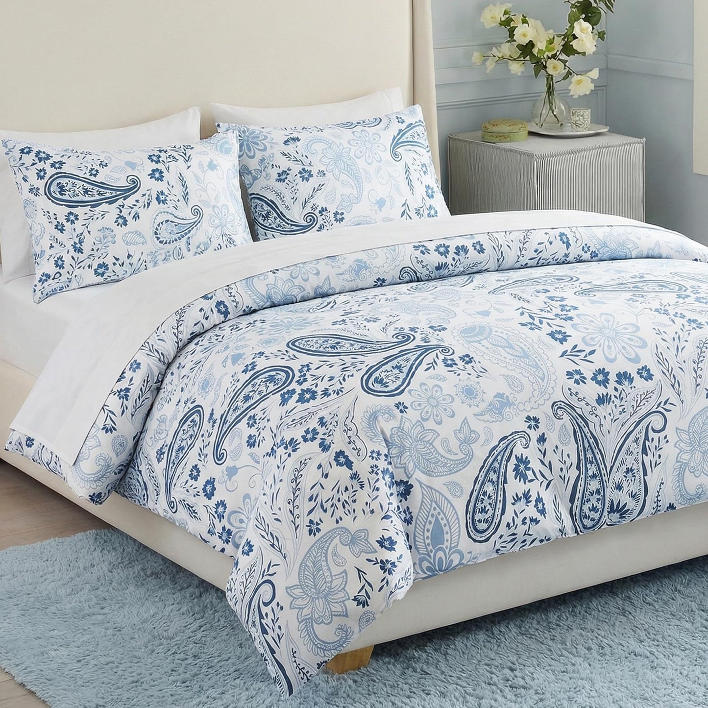 Bedorm 100% Cotton Duvet Cover Set Blue Paisley Bedding Set Vintage Paisley Floral Design Boho Chic Bedding 3 Pcs Soft, Breathable & Durable Duvet Cover with Zipper Closure
