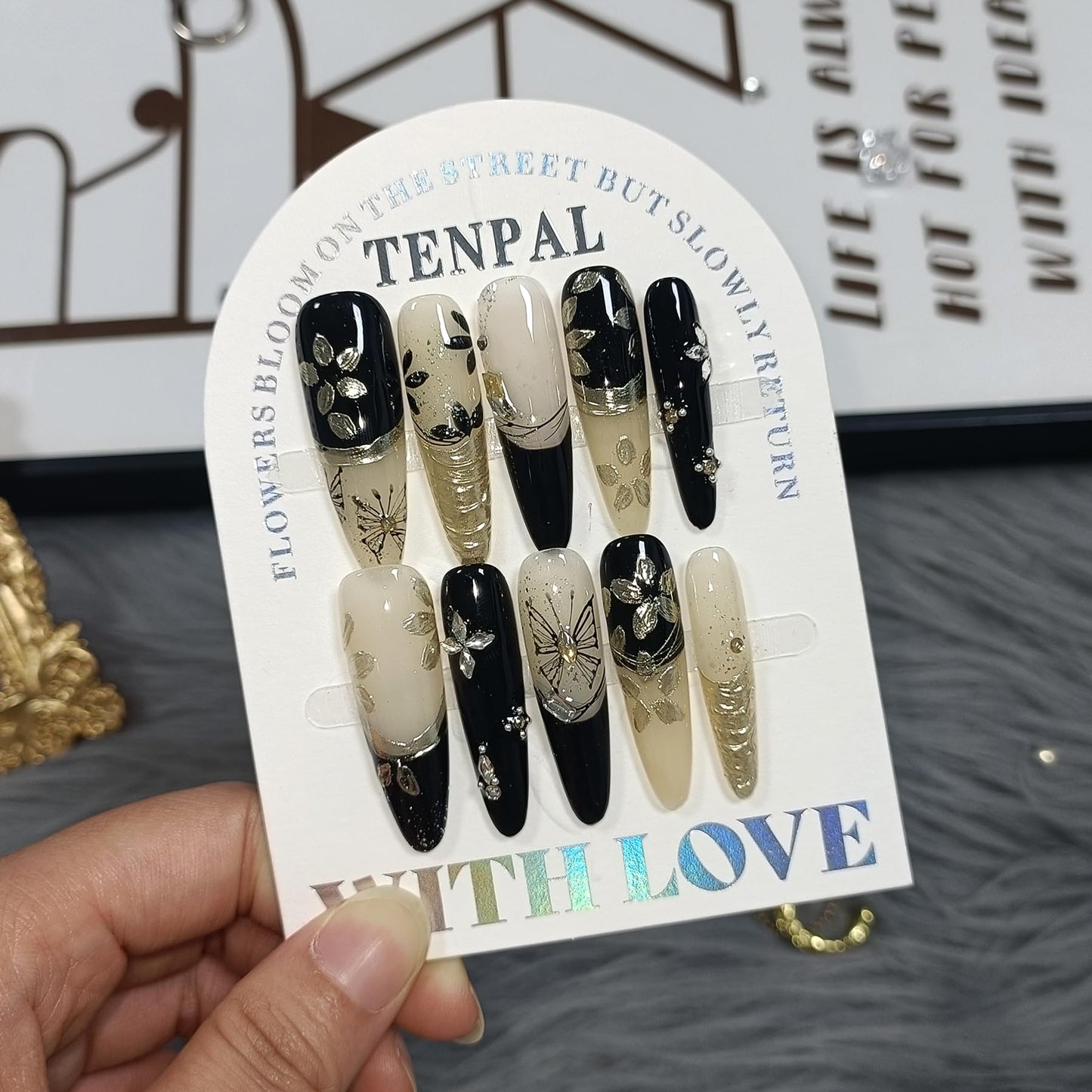 TENPAL 10Pcs Heirloom Chinese Bridal Press On Nails With Tools,Red Gold Phoenix Dragon Designs Fake Nails Long Stiletto,Full Crystals Heavy Relief Luxury Wedding Set Glue on Nails for Cheongsam(S)