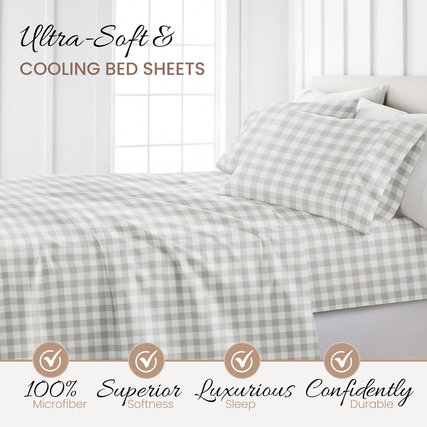 Linen Market 4 Piece Full Bedding Sheet Set (Light Gray Plaid) - Sleep Better Than Ever with These Ultra-Soft & Cooling Bed Sheets for Your Full Size Bed - Deep Pocket Fits 16" Mattress
