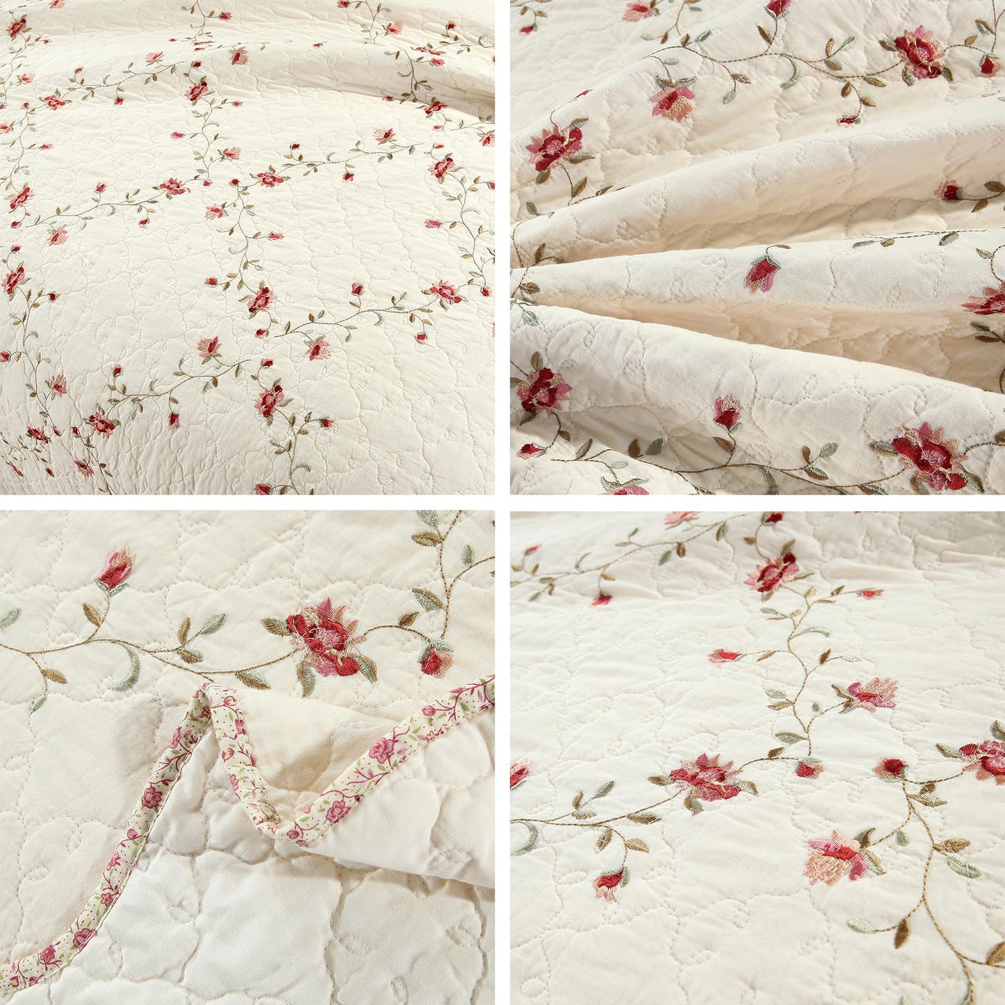 vctops 3-Piece Floral Embroidered Bedspread Coverlet Set Oversize Queen 100% Cotton Reversible Patchwork 1 Quilt and 2 Pillow Shams (Flower,Oversize Queen)