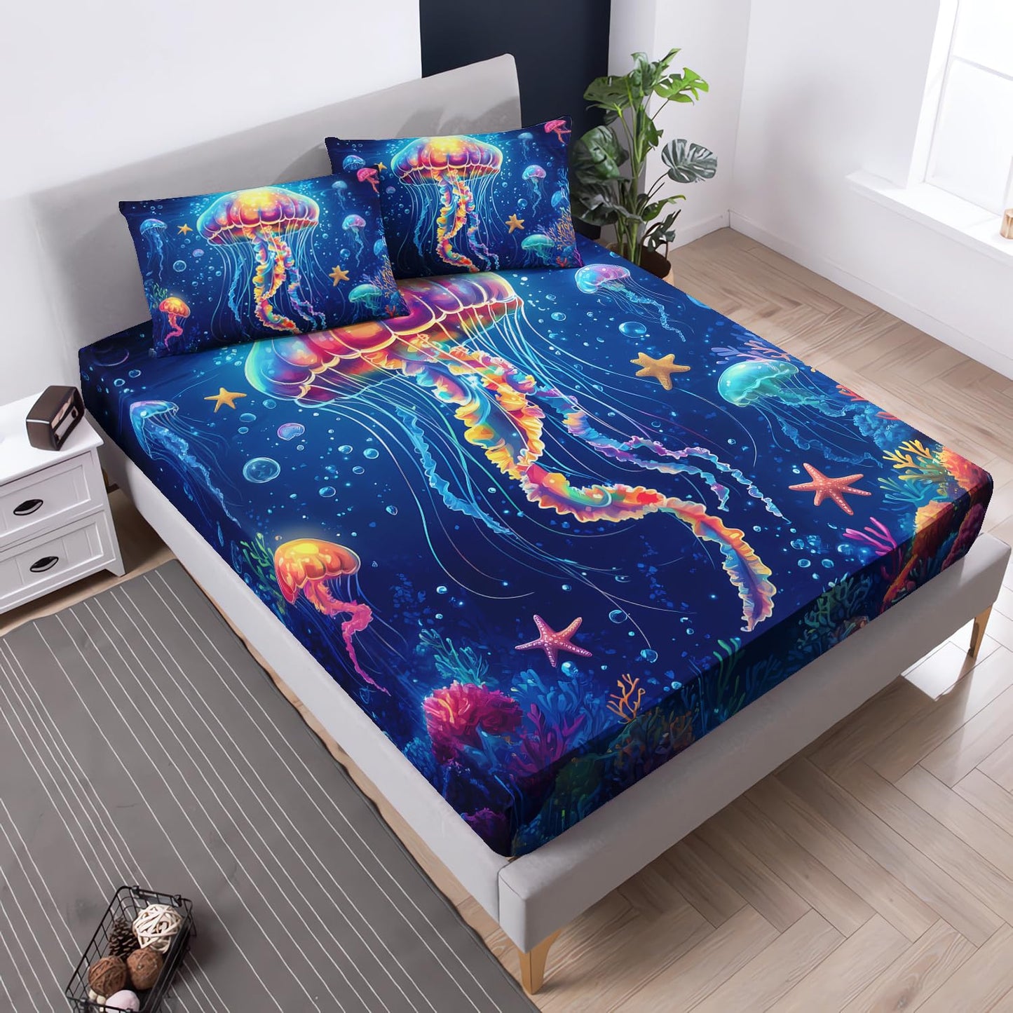UEVBF Fantasy Jellyfish Fitted Sheet Twin Bedding Sets for Girls Kids Toddlers,Coral Starfish Ocean Theme Bedroom Decor,Blue Underwater World Bedding Sets,1 Fitted Sheet + 2 Pillowcases.