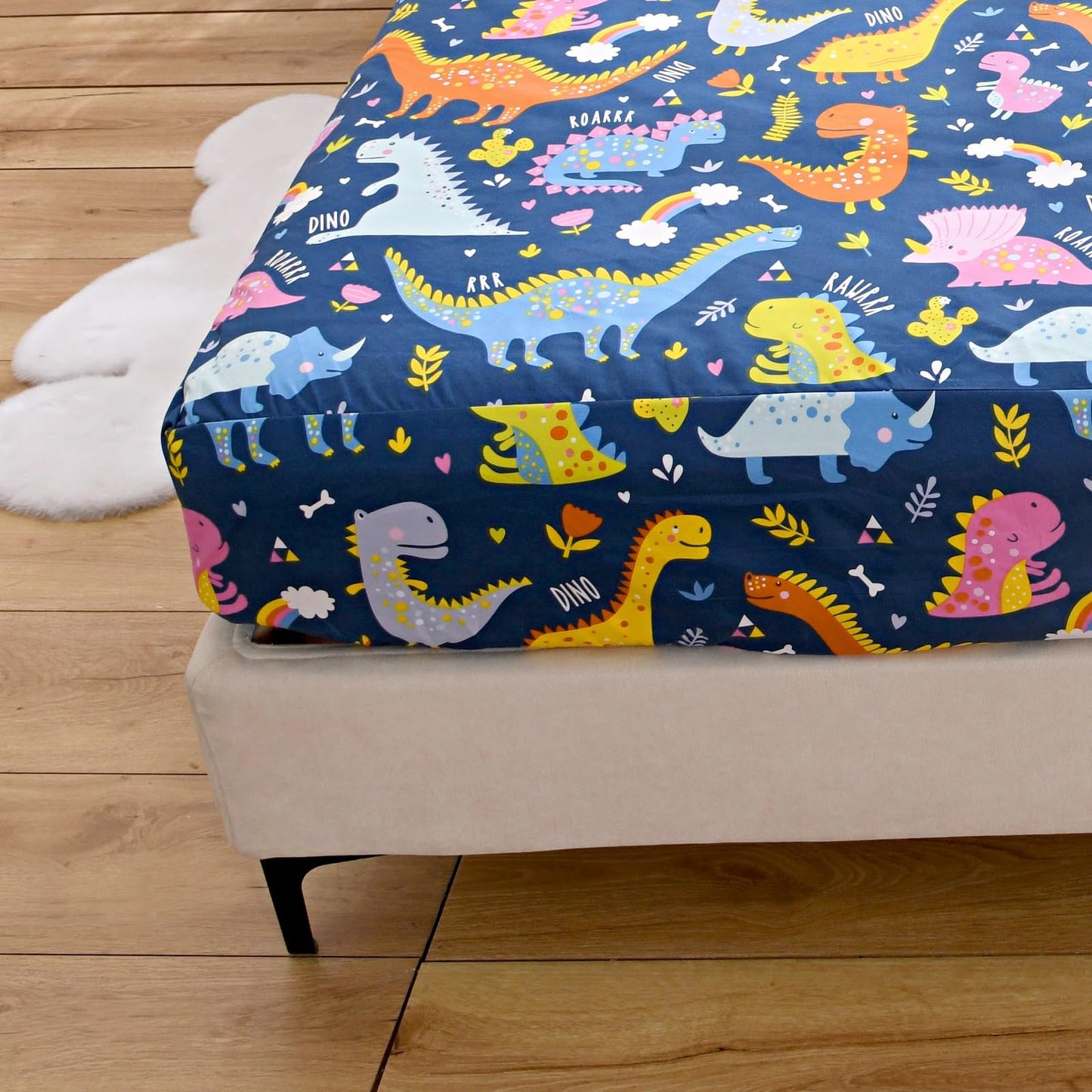 NATURETY Bedding Fitted Sheet with Deep Pocket for Boys Girls Twin Bed,Dino Printed Thicken Fabric Bed Sheets (Navy Blue(Dinosaur), Twin)