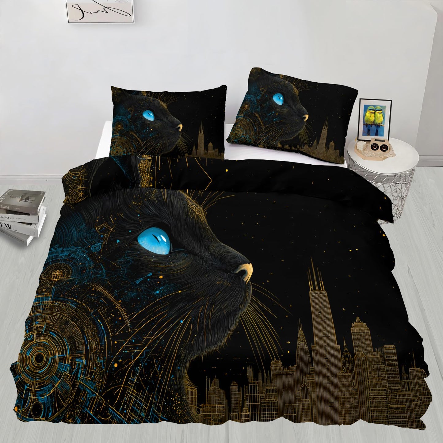 Black Cat Duvet Cover Twin Size Kids, Tech Art City Skyline Bedding Set Bedroom Decorative 3 Pieces Reversible for Teen Adult, Starry Night Sky Comforter Cover Lightweight Soft with 2 Pillowcases