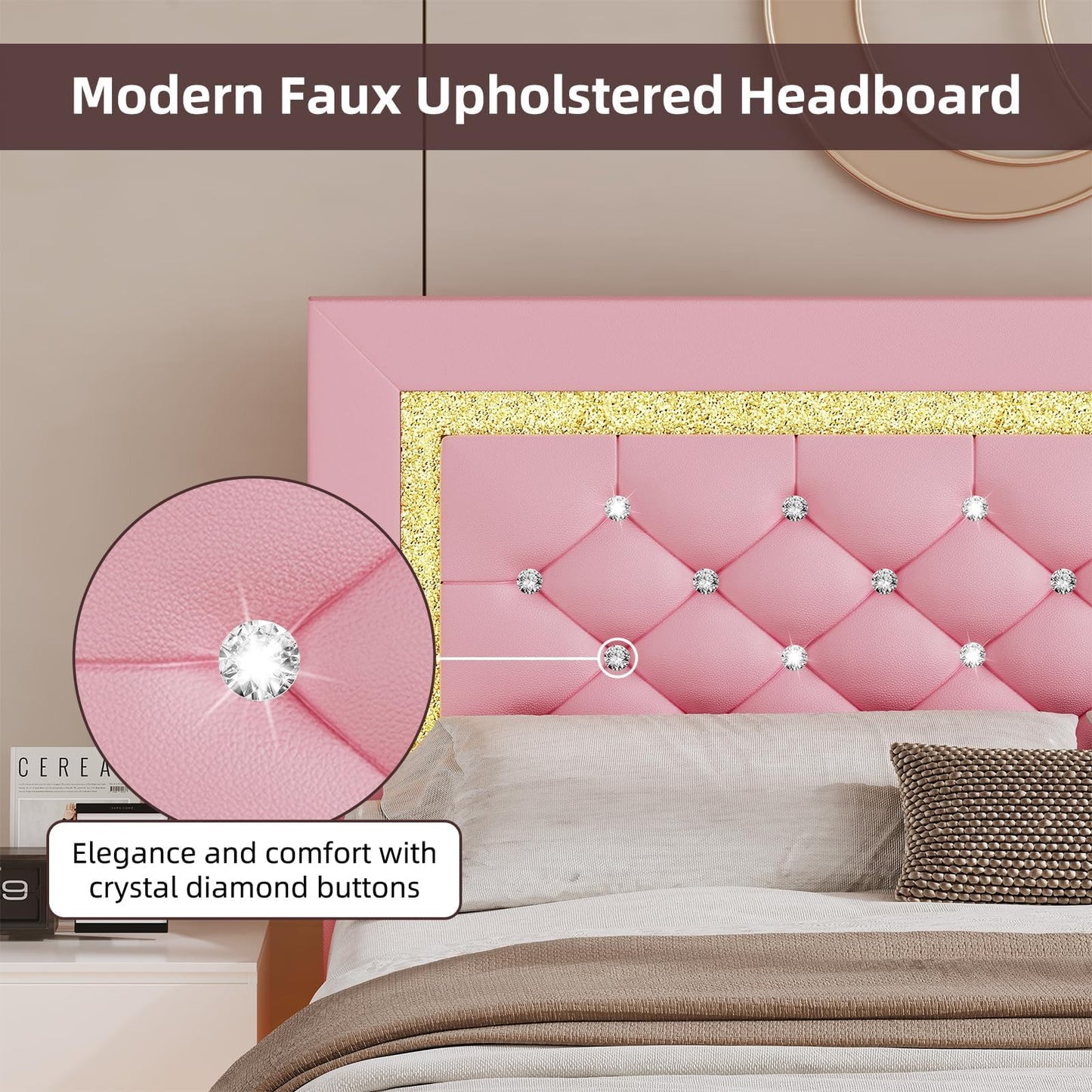 BarnFurin Floating Bed Frame Full with LED Lights, Upholstered Bed Frame with Diamond Headboard, No Box Spring Needed, Noise Free, Easy Assembly, Pink