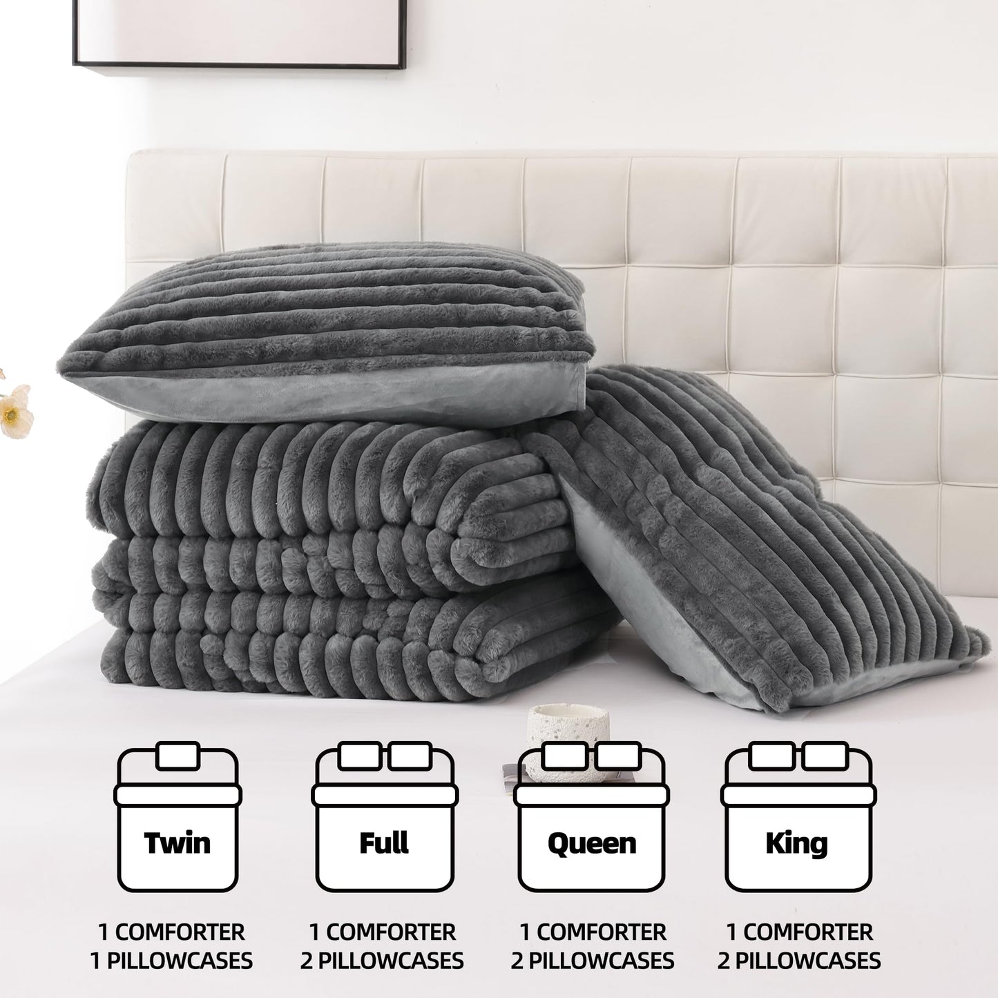 Smoofy Fluffy King Size Comforter Set 3 Pieces - Dark Grey Fleece Fluffy Comforter Set, Luxury Fuzzy King Bedding Set, Soft King Bed Set All Season, Heavy Faux Fur Comforter with 2 Pillow Cases