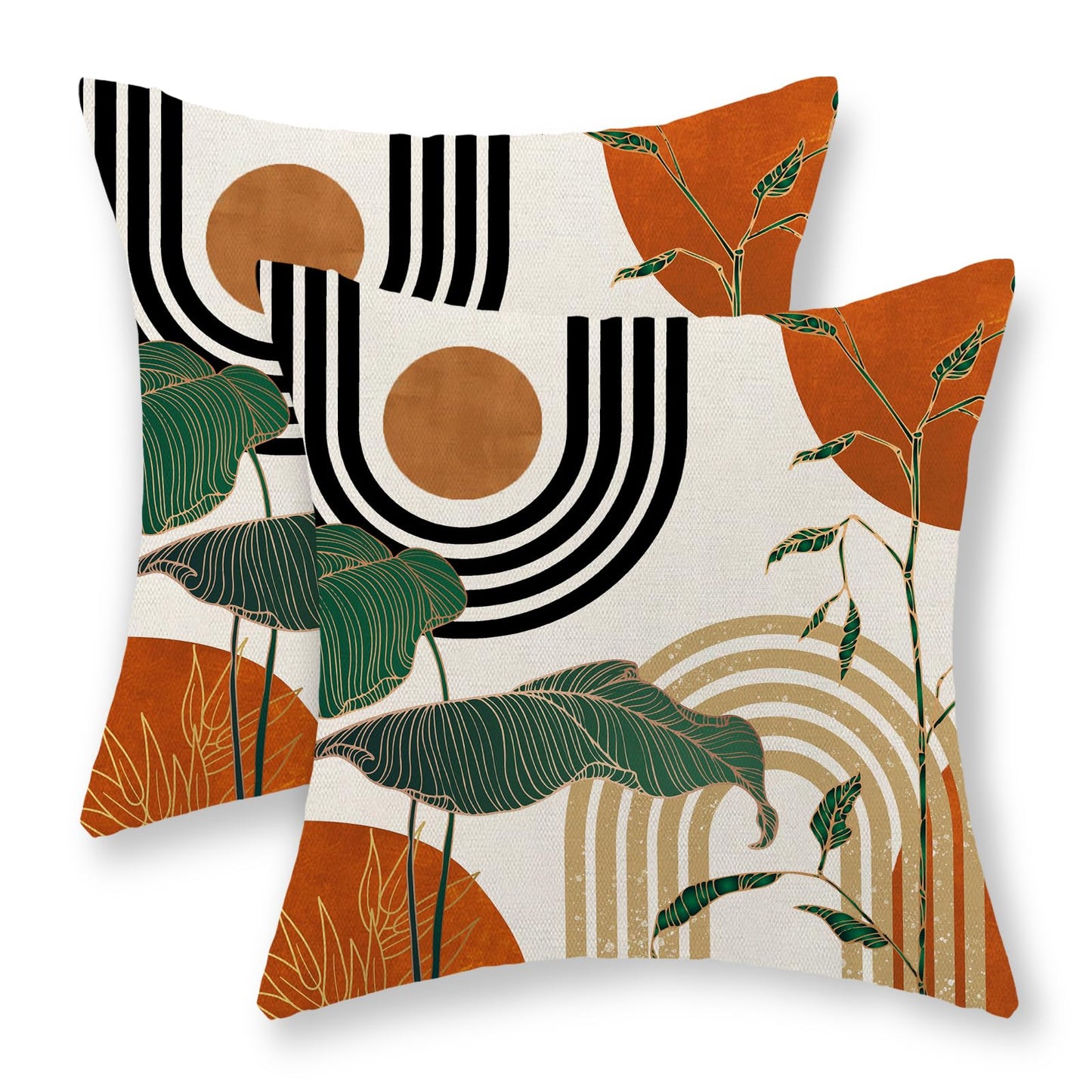 GOLIANDA Boho Orange Pillow Covers 18x18 Set of 2 Green Gold Leaf Tropical Mid Century Throw Pillows Outdoor Bohemian Modern Decorative Pillowcase Farmhouse Linen Cushion Case for Couch Sofa Decor