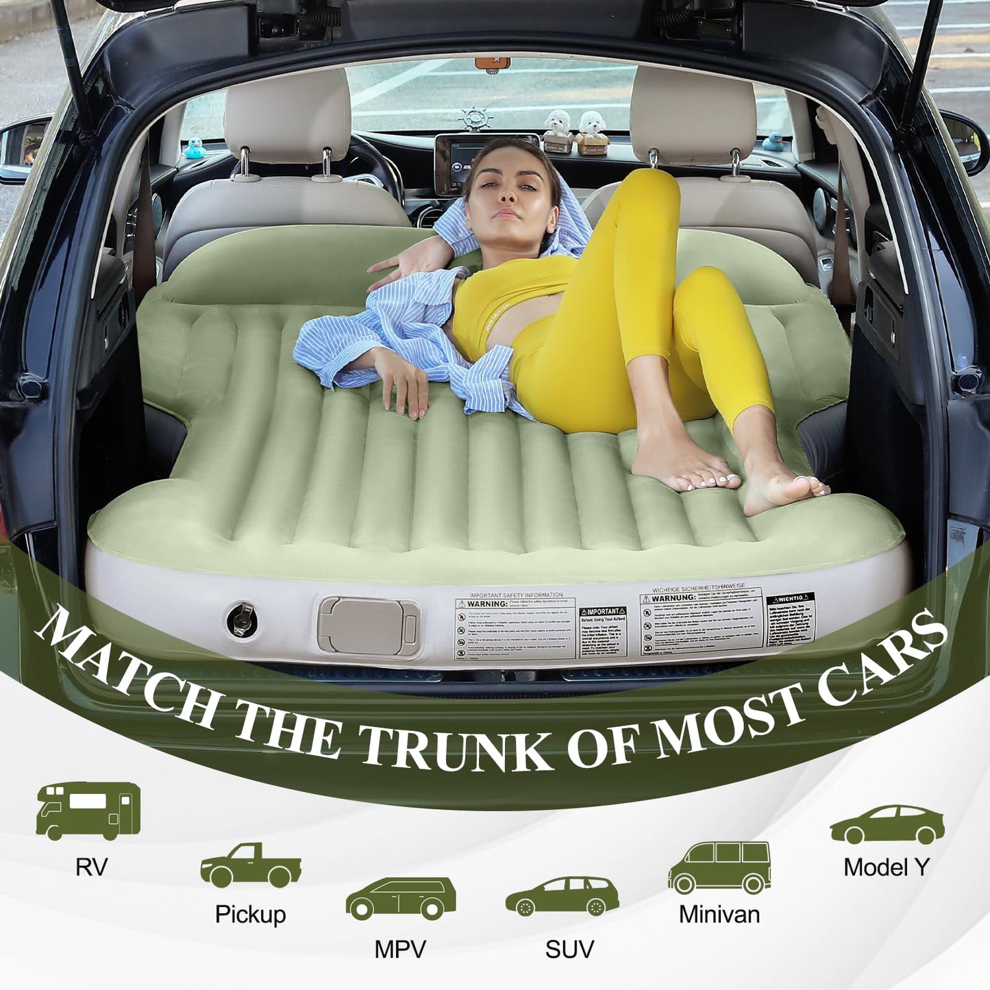 KMZ Inflatable SUV Air Mattress Thickened Flocking with Built-in Pump Self-Inflating Portable Sleeping Travel Bed Pad for SUV Truck Fast Inflation and Deflation (Green)