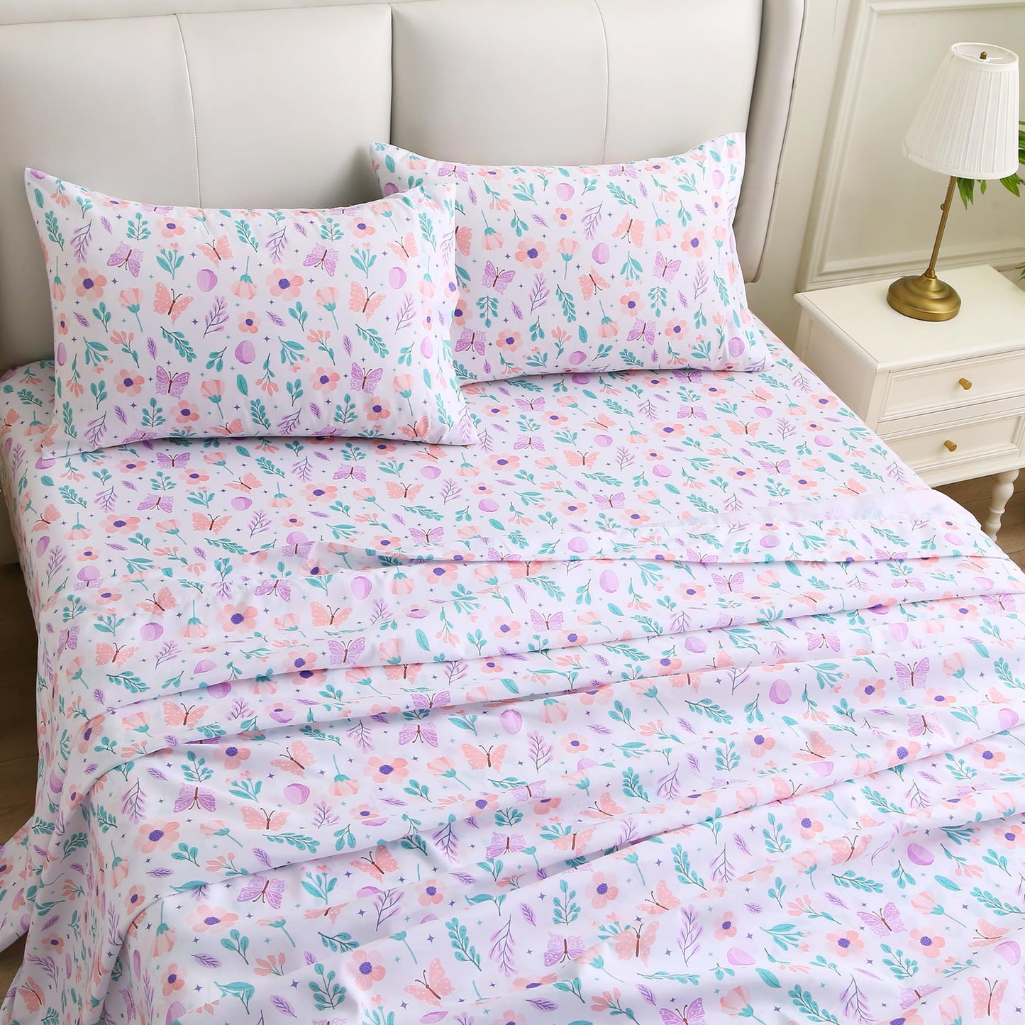 Viviland Floral Twin Sheet Set - 3 Piece Pink-Purple Butterfly & Flower Botanical Patterned Bed Sheets - Soft, Breathable Microfiber Sheets with Deep Pocket, Non-Slip Fitted Sheets & Pillowcases
