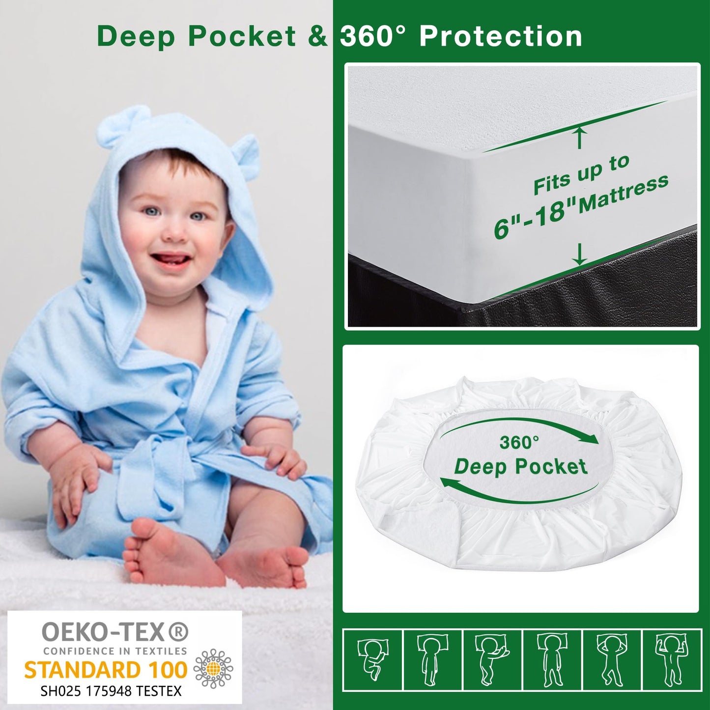 KUTUU Waterproof Mattress Protector, Extra Soft Twin Size Waterproof Mattress Protector, 6-16 Inches Depth, Elastic Skirt Design