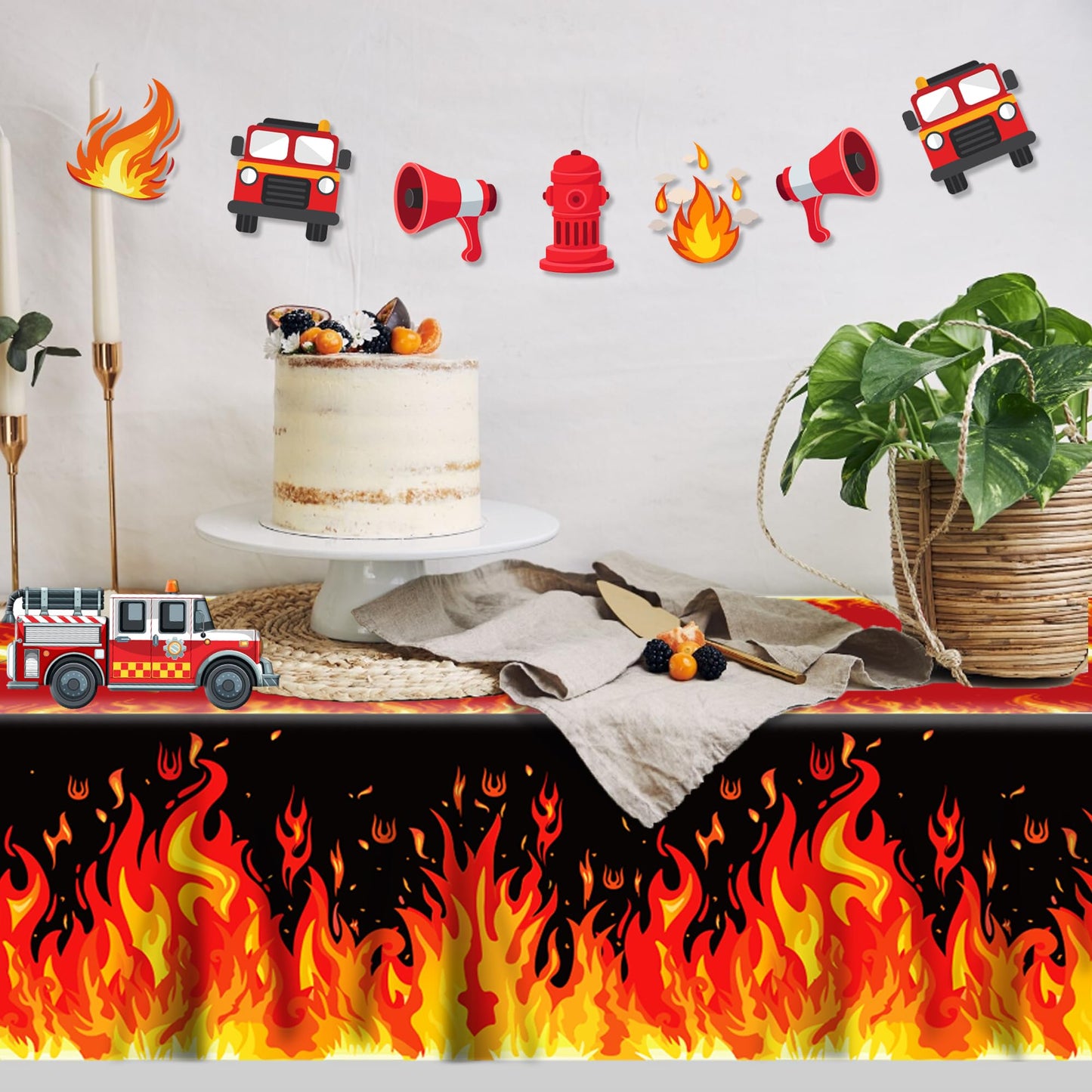 CC HOME 1Pc Fire Party Plastic Tablecloth 54 x 87 Inch Long Table Cover, Flame Party Tablecover for Fire Fighting Theme Kids Baby Shower Birthday Dinner Picnic Kitchen Event