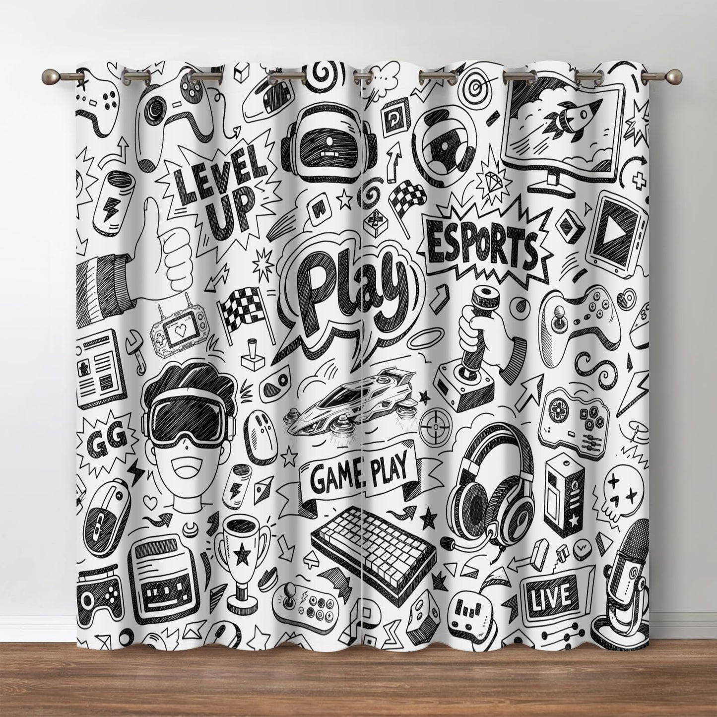 Jekeno Video Gamer Blackout Curtains - Gaming Theme Controller Gamepad Computer Game Drapes Decor Playroom Bedroom Living Room Darkening Grommet Window Treatments 2 Panels Set, Black White 52"x 84"