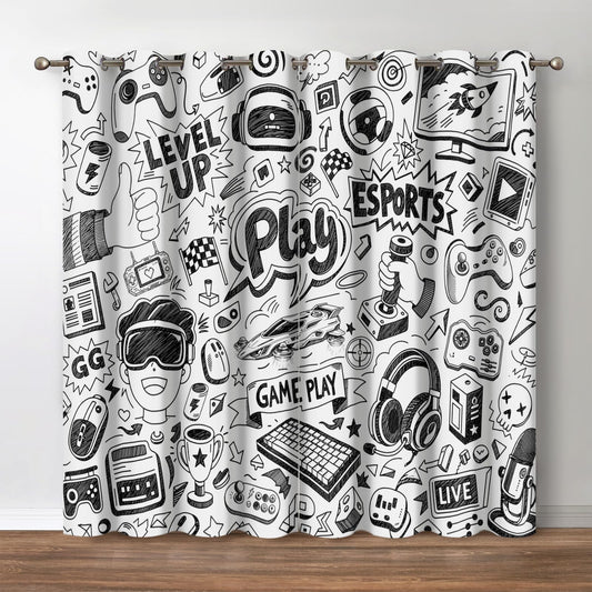Jekeno Video Gamer Blackout Curtains - Gaming Theme Controller Gamepad Computer Game Drapes Decor Playroom Bedroom Living Room Darkening Grommet Window Treatments 2 Panels Set, Black White 52"x 84"
