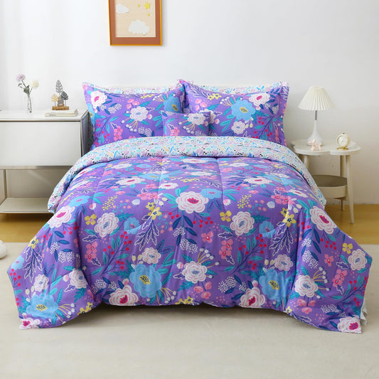 Mooreeke Kids Twin Comforter Sets for Girls 6 Pieces Purple Floral Bedding Set for Teens Microfiber Flowers Kids Bed in A Bag with Comforter, Sheet Set, Shams and Decorative Toy Pillow All Season