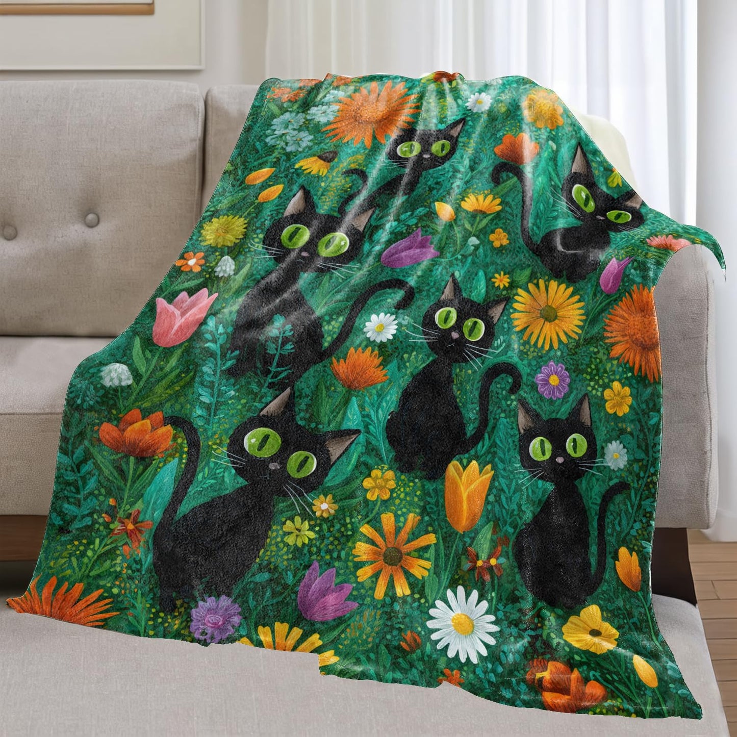 olpddz Black Cat Daisy Flannel Blanket Gifts for Pet Lover,60x50inch,Whimsical Garden Throw Blankets with Cute Kitten and Wildflower,for Bedroom,Sofa,Living Room,Camping Home Decor Throws