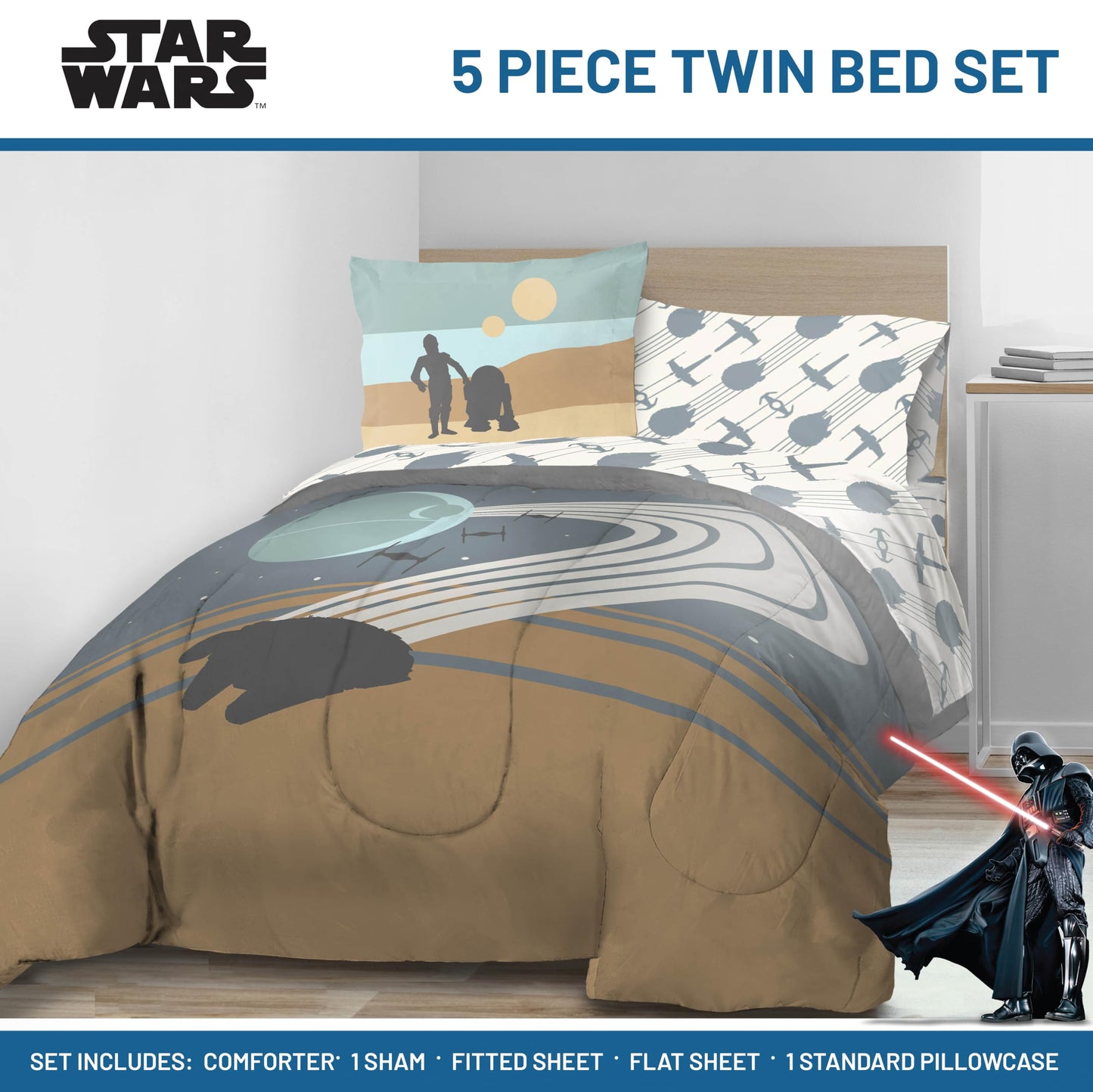 Jay Franco Star Wars Twin Size Comforter Set - 5 Piece Bedding Includes Sheet Set & Pillow Covers - Super Soft Cozy Bedding with Death Star and Millennium Falcon