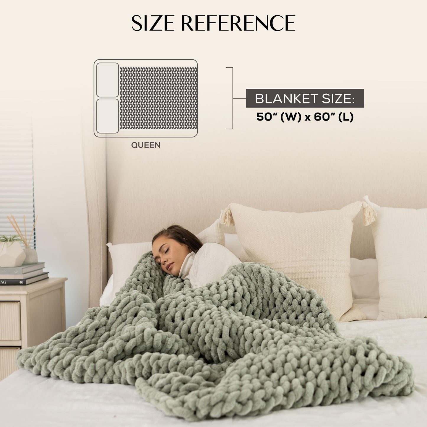 SAMIAH LUXE Chunky Knit Throw Blanket 50x60, Sage Green Chenille Throw Blanket for Couch Bed Sofa, Soft Fluffy Cable Knit Blanket, Oeko-TEX Certified, Machine Washable