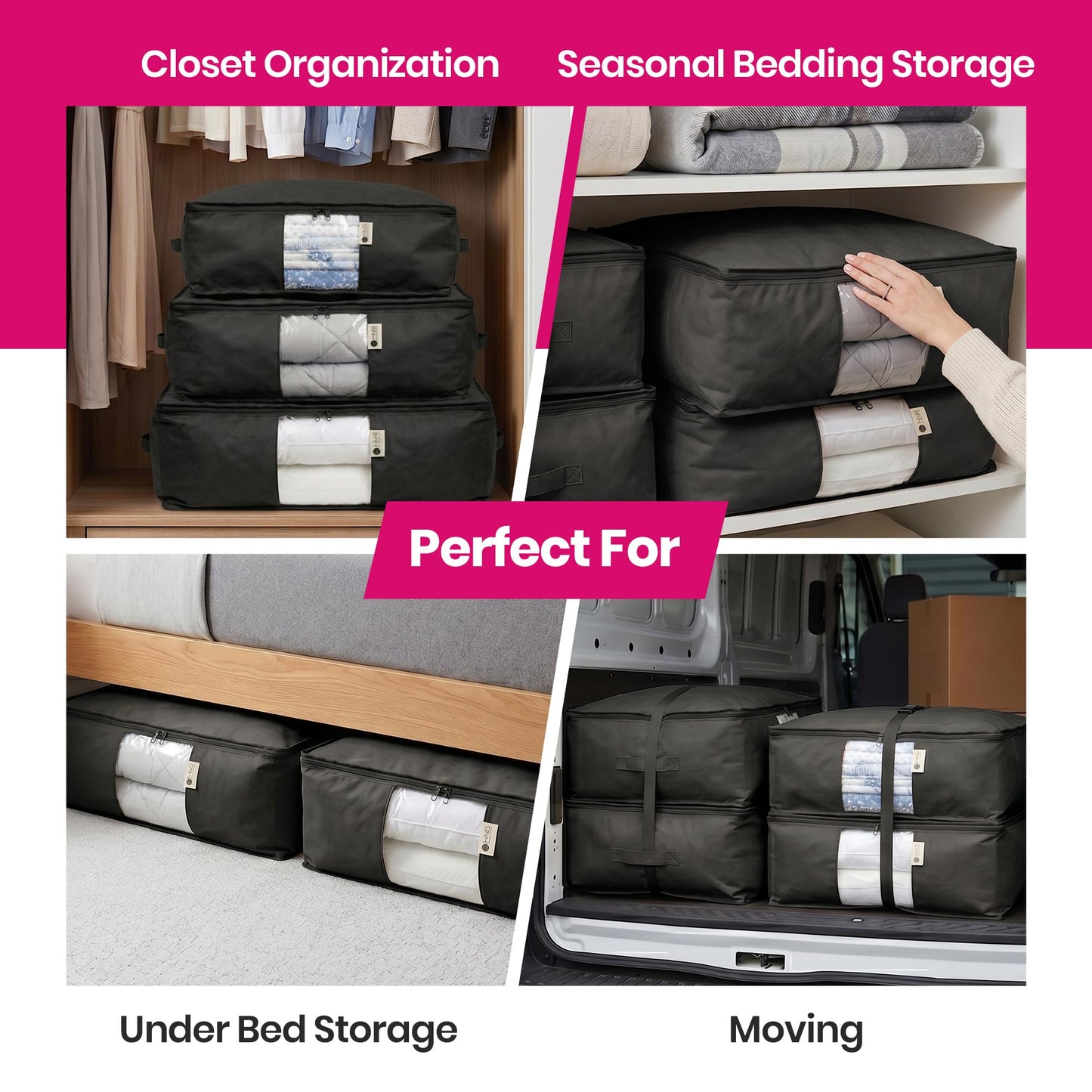 Cedar Storage Bag Organizer for Bedding Set - Protects from Moths, Moisture, Dirt & Dust - Set of 3 Storage Bags for Bed Sheets, Comforter, Pillows & More - Space-Saving Bedding Organizer, Black