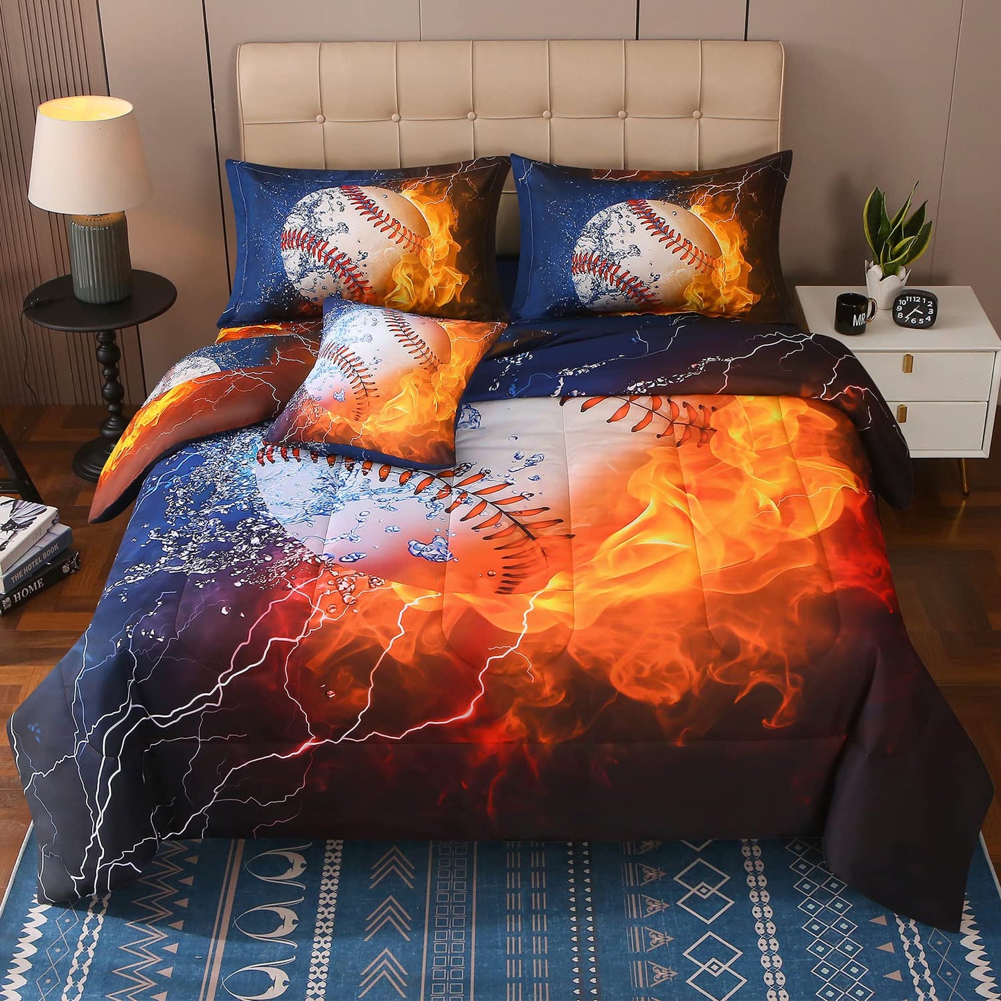 JQinHome Queen Baseball and Fire Comforter Sets for Boys,6 Piece Bed in A Bag 3D Sport Themed Bedding -All Season Soft Microfiber Bedding Sets with Sheets