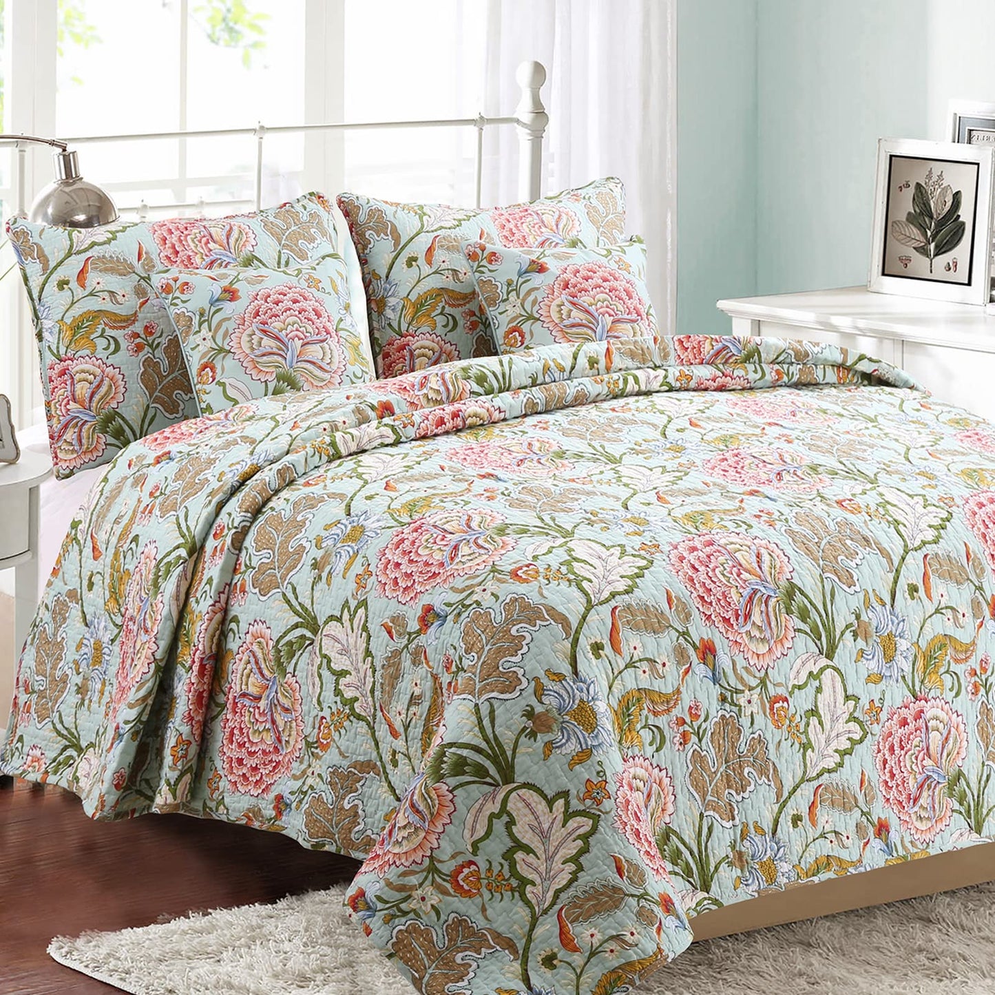 Cozy Line Home Fashions Blooming Red White Floral 100% Cotton Reversible Quilt Bedding Set, Coverlet Bedspread (Camellia Green, Queen - 3 Piece)