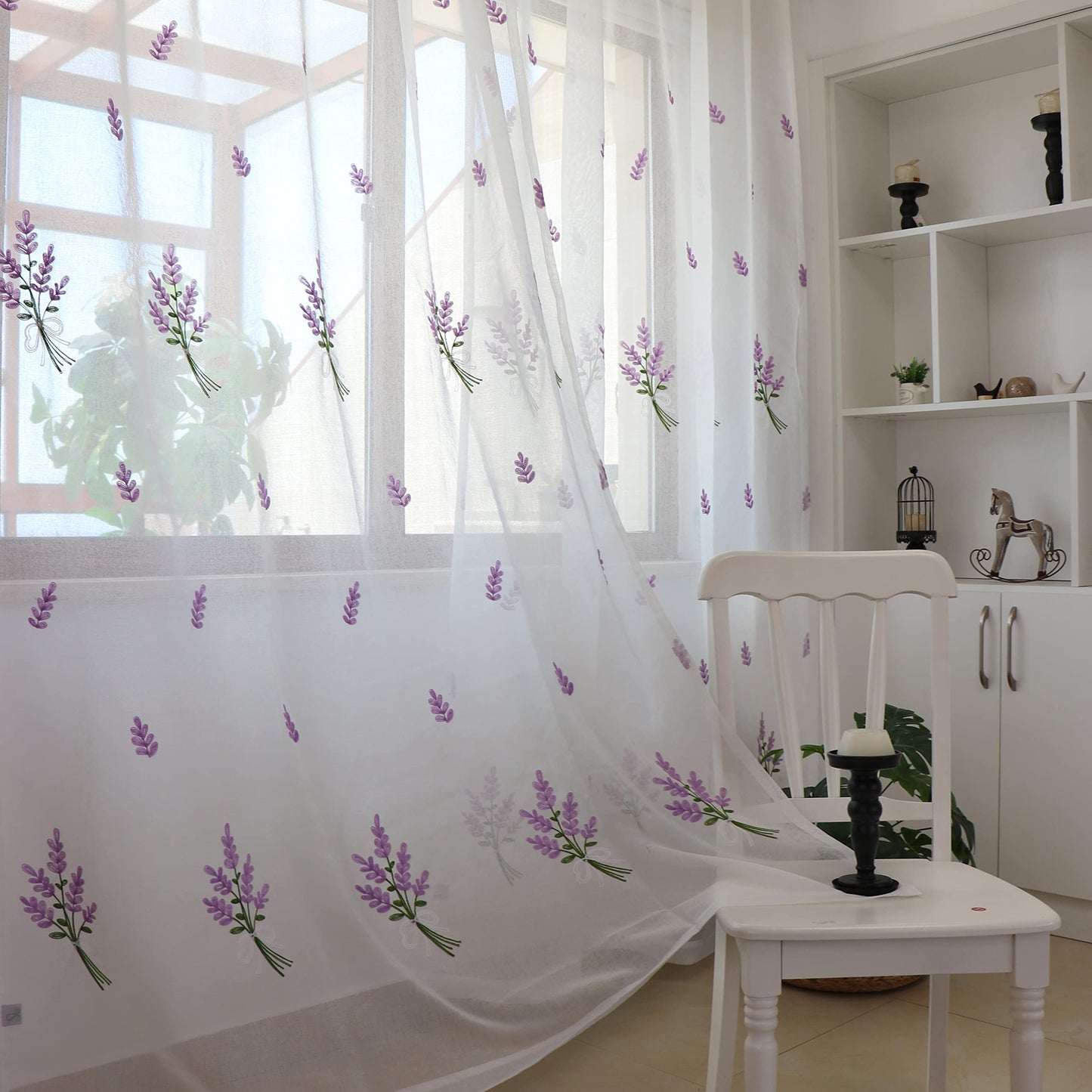SLOW SOUL Set of 2 Panels Lavender Purple Flower Sheer Curtains Faux Linen Semi Sheer Window Curtains Drapes for Bedroom Living Room Rod Pocket 56W X 72L inch