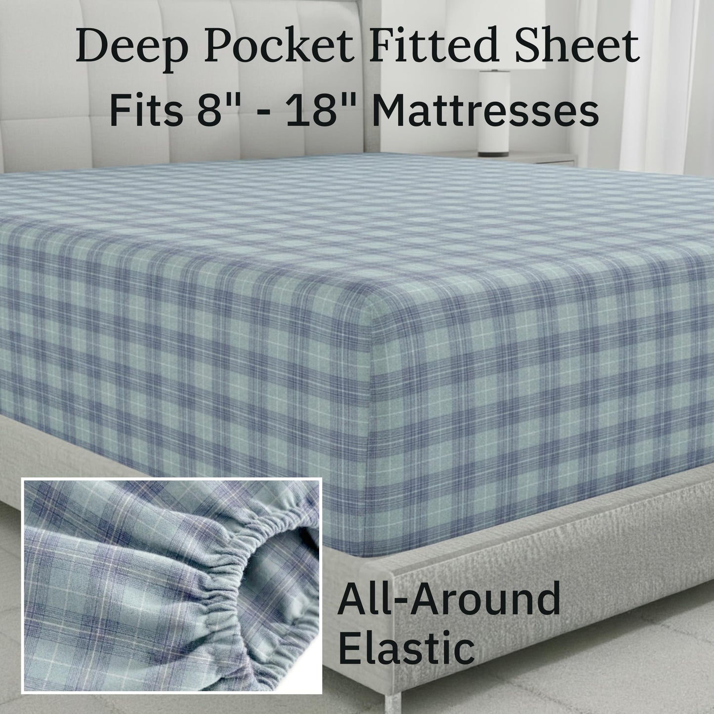 California Design Den Yarn Dyed Flannel Sheets Queen Size Set - Made in Portugal, 4-Piece 100% Cotton Extra Deep Pocket Queen Sheets, Thick, Velvet Soft, Triple-Brushed - Green Plaid
