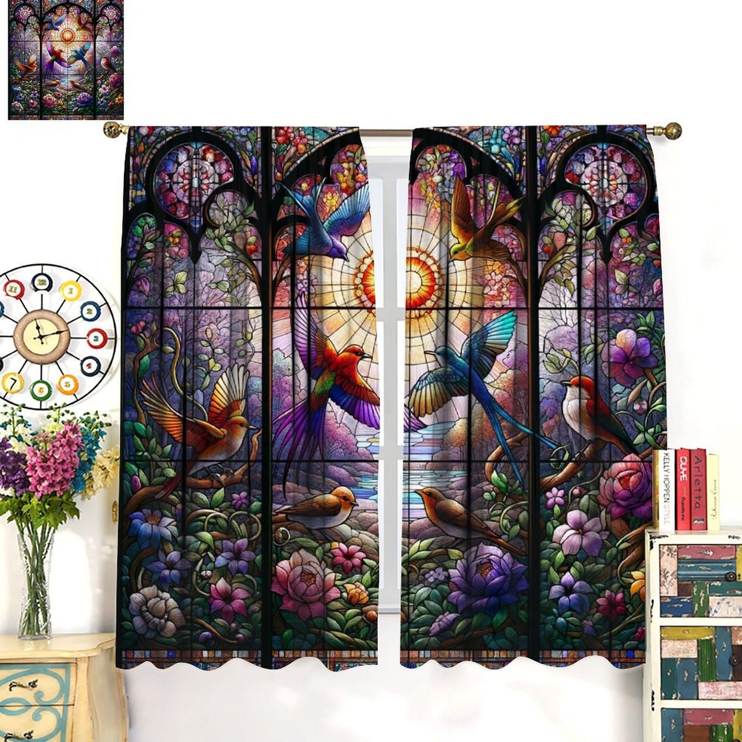 FengMingRui Hummingbird Stained Glass Curtains Nature Scenery Floral Flowers Bird Abstract Geometry Window Treatments for Kids Boys Girls Bedroom Living Room Window Drapes 42" W X 45" L