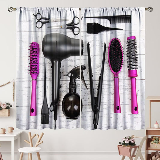 ZhiRain Fashion Makeup Curtains Hair Salon Cosmetic Haircut Equipment Hair Dryer and Comb Pattern Curtain with Rod Pocket for Home Decor Drapes Window Treatments 2 Panels Set 42x45 Inch