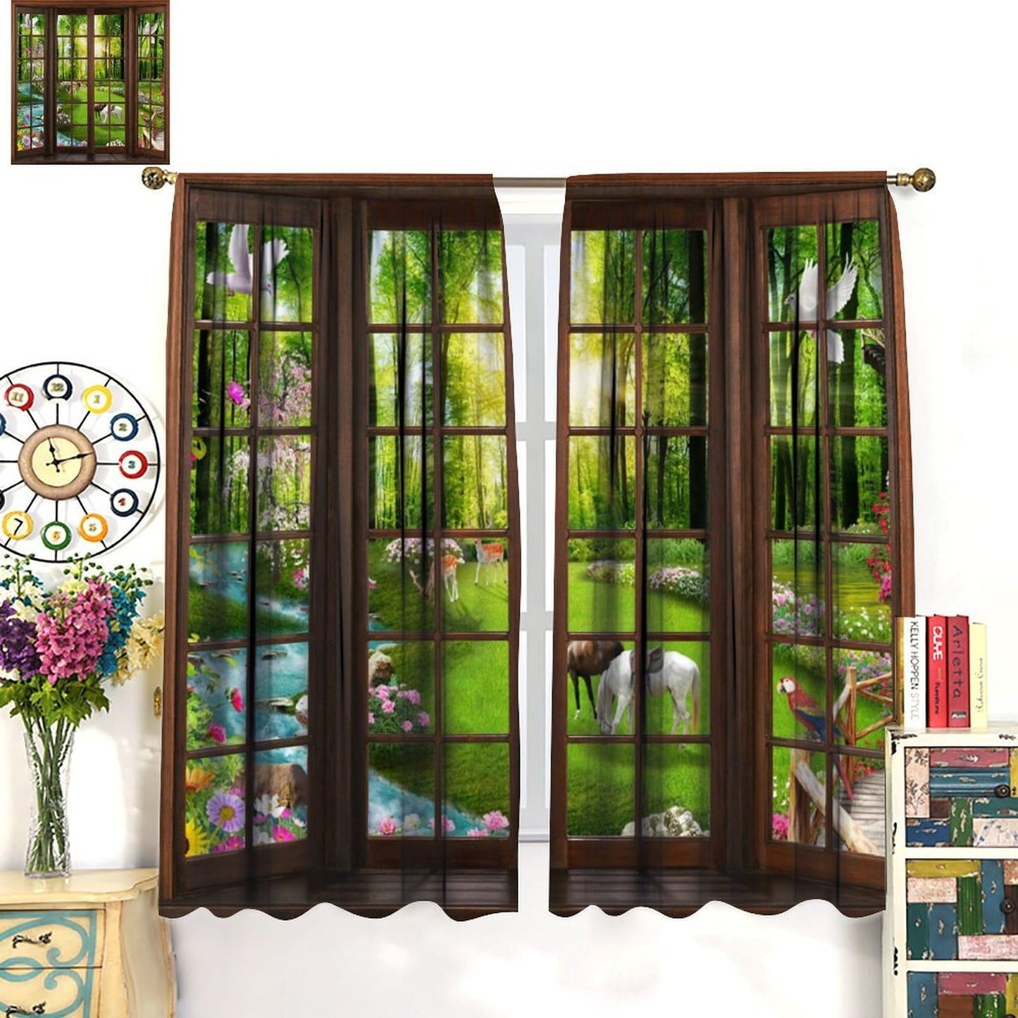 Landscape Window Curtains, 3D Window Forest Animals Lake Spring Forest Wildlife Nature Scenery Window Treatments for Bedroom Living Room Kitchen Home Farmhouse Drapes 2 Panel Set, 42x45 Inch