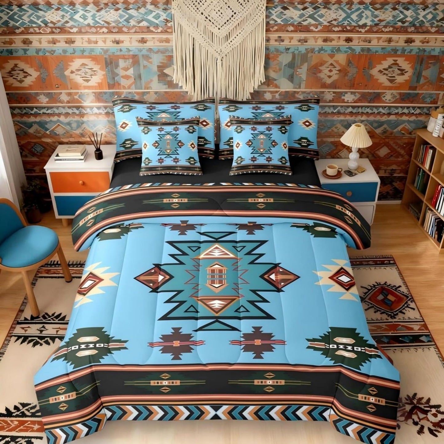 Erosebridal Western Comforter Set 7-Piece Bed in a Bag Twin | Southwest Native Geometric Bedding Sets Exotic Nordic Style Aztec Comforter and Sheet Set, Sriped Diamond Triangle Room Decor,Cyan