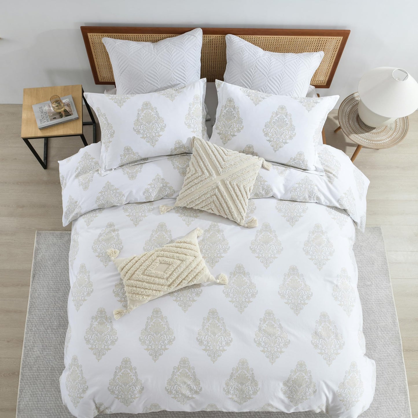 VOOVY Damask Duvet Cover King - 100% Cotton Duvet Cover Set, 3 Pieces Medallion Bedding Duvet Covers with Zipper Closure & 8 Corner Ties for All Season, 104"x90", No Comforter