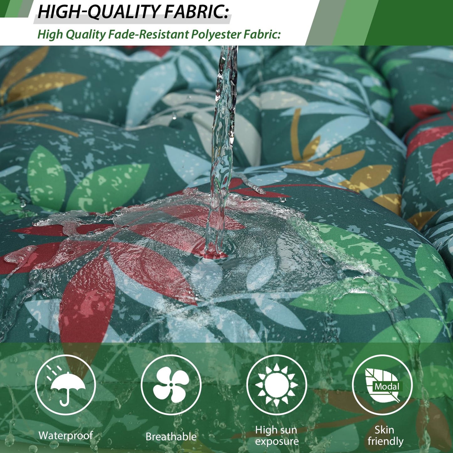 YQNUCO Outdoor Swing Cushions, Waterproof Porch Swing Cushions 3 Seater Replacement with Backrest, 4" Thicken Bench Cushion with Ties for Backyard, Patio, Lawn and Garden (Green Flowers, 55 inch)