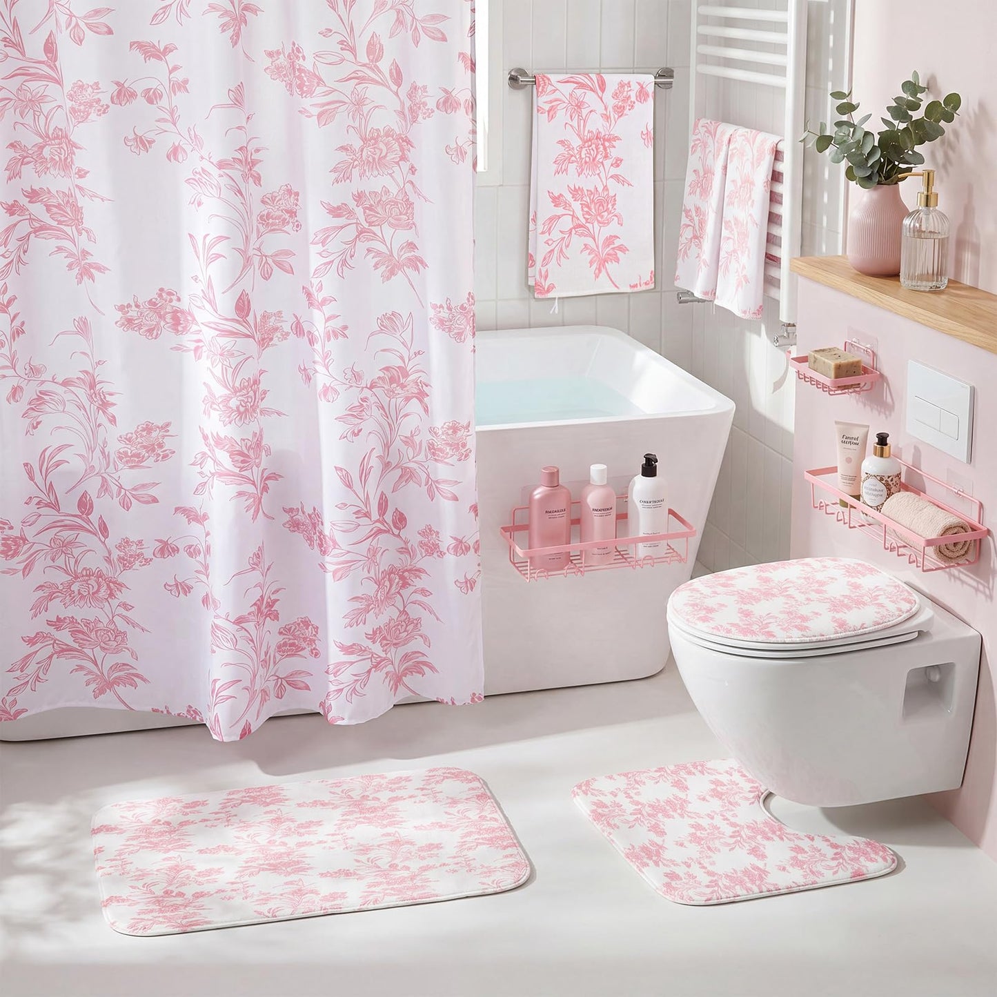CrystalSylara 12 Pcs Pink Floral Bathroom Shower Curtain Set with 72 Inch Cotton Floral Shower Curtain, Non-slip Rug, Toilet Lid Cover, Bath Mat, 3 Towel, 5 Showers Caddy, Hook for Dormitory Apartment