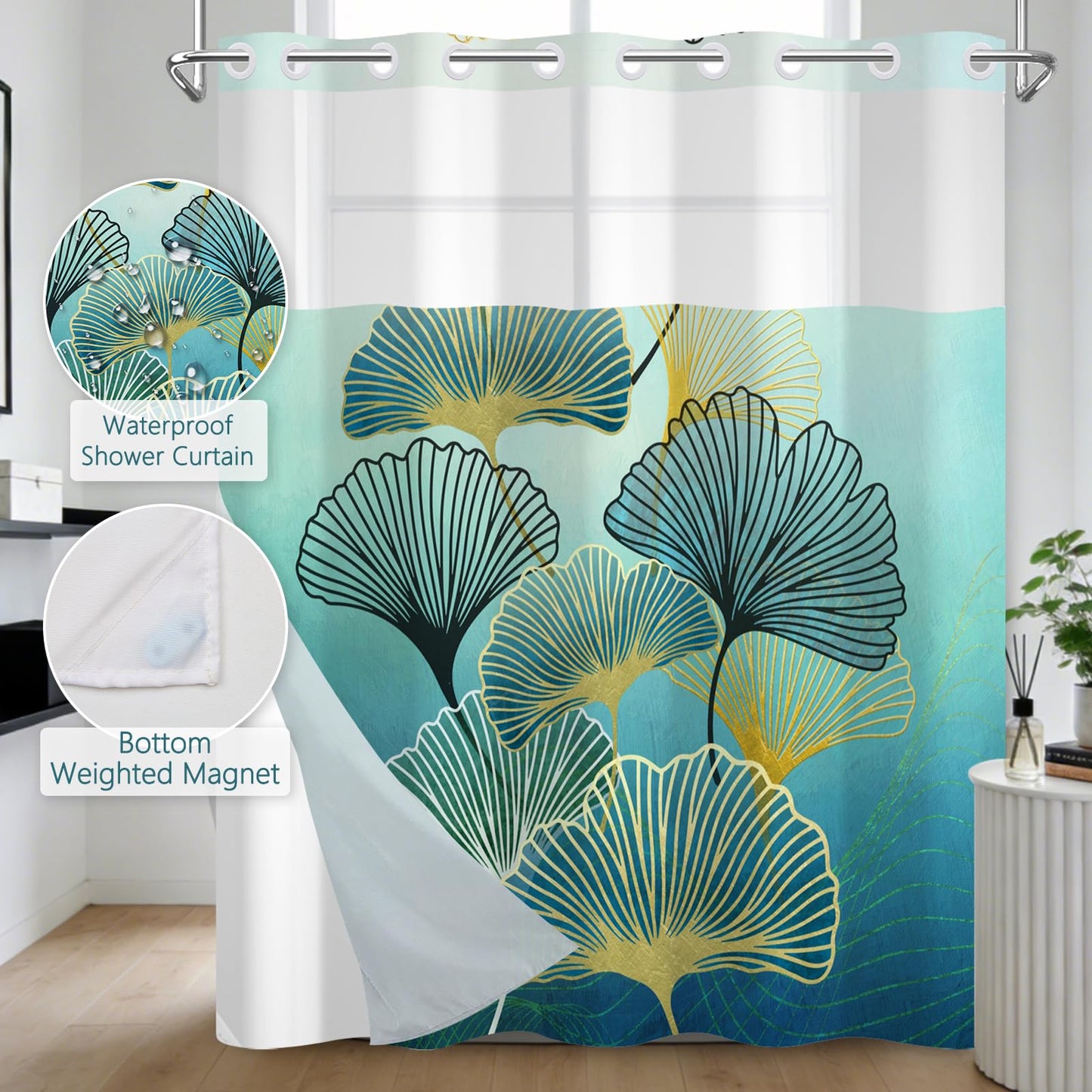NAEMBCU Botanical Shower Curtain with Snap in Liner 71x74 Inch