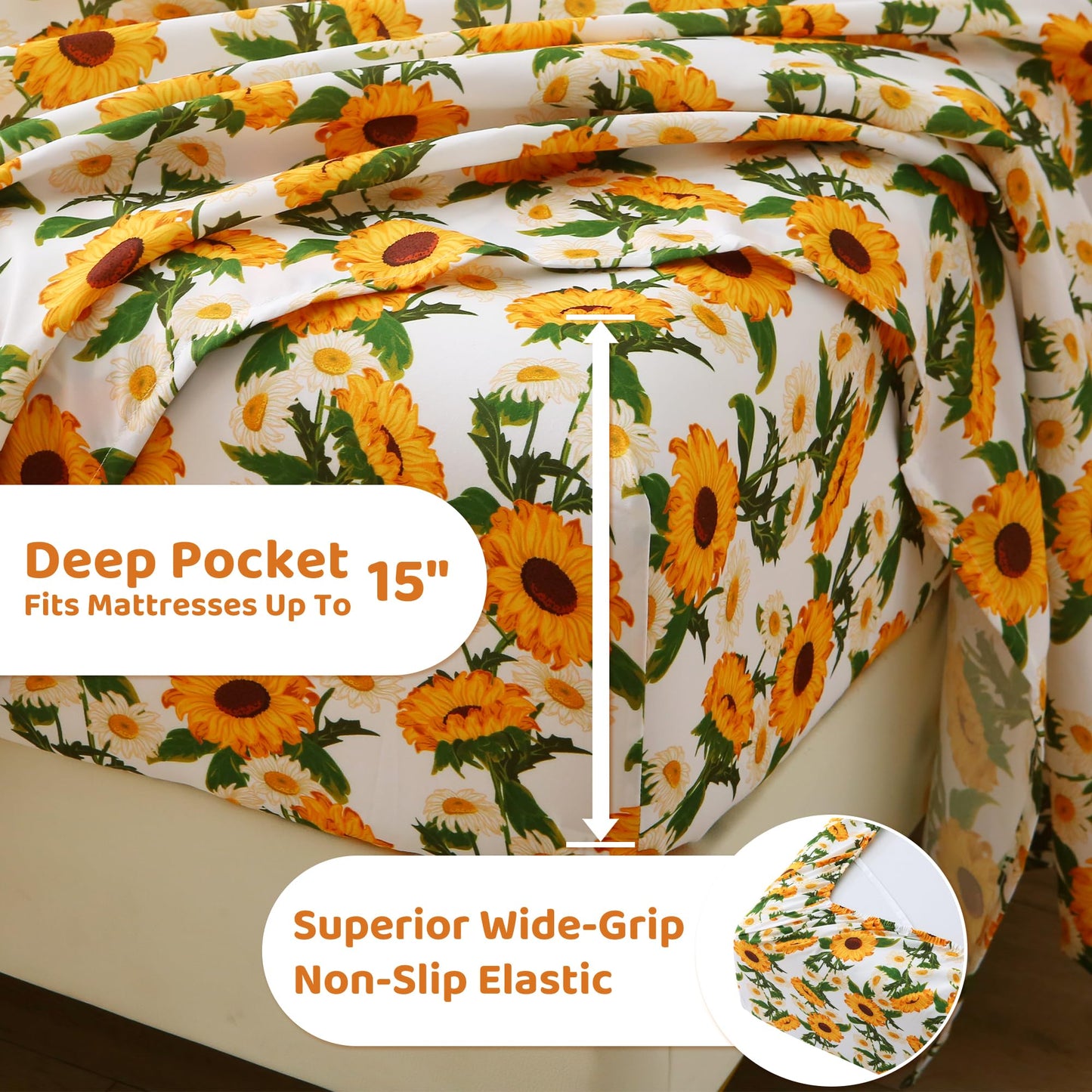 Mooreeke Cozy Vintage Microfiber Printed Floral Queen Sheet Set - Soft & Breathable Yellow Sunflower Bed Sheets with Extra Deep Pocket - Non-Slip Fitted Design - Sunflower Pattern - Queen