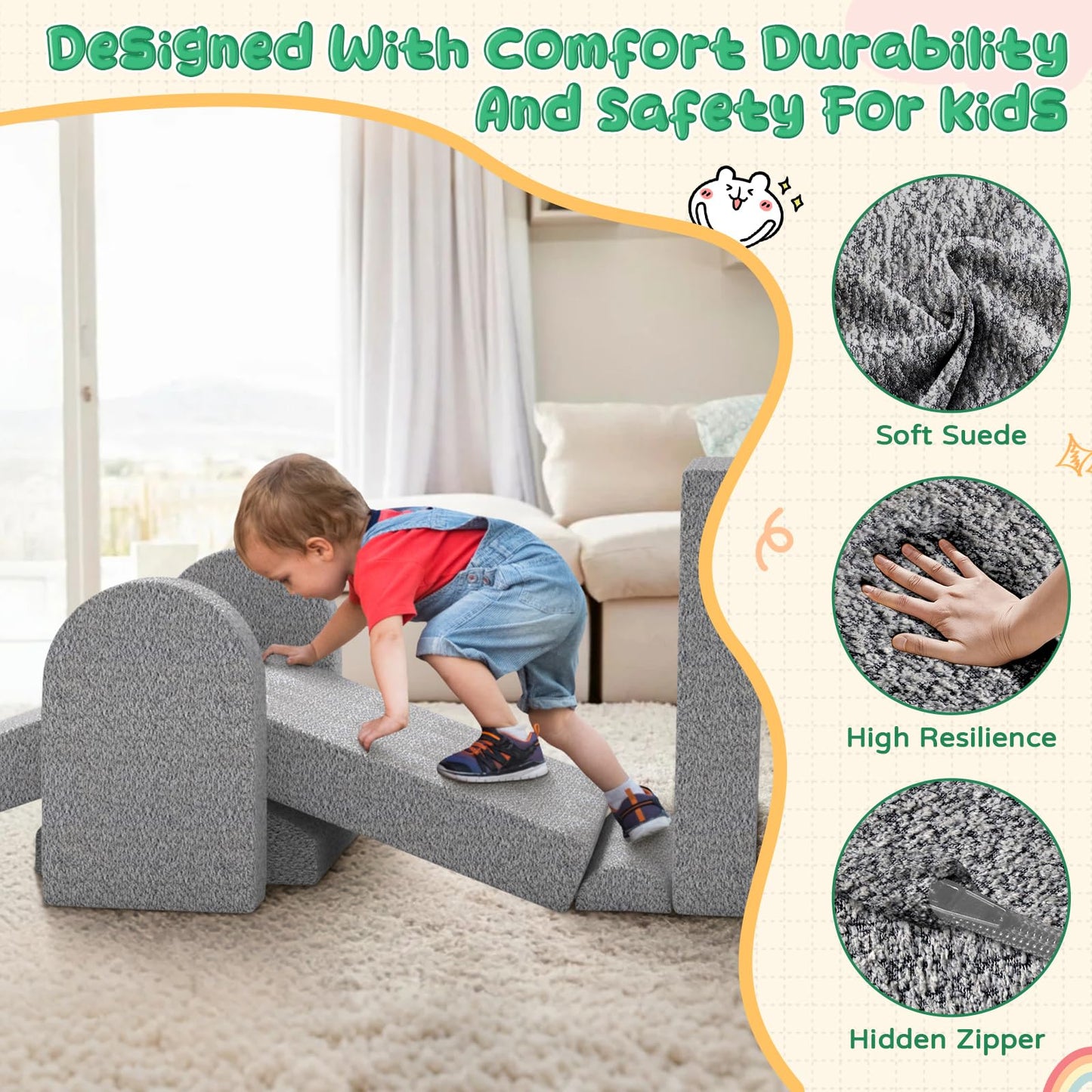 GoFujuco Modular Kids Play Couch with Washable Covers – Foam Toddler Sofa for Creative Play, Climbing, and Lounging – Convertible Kid Sofa Play Furniture for Kids Room or Nursery (Grey)