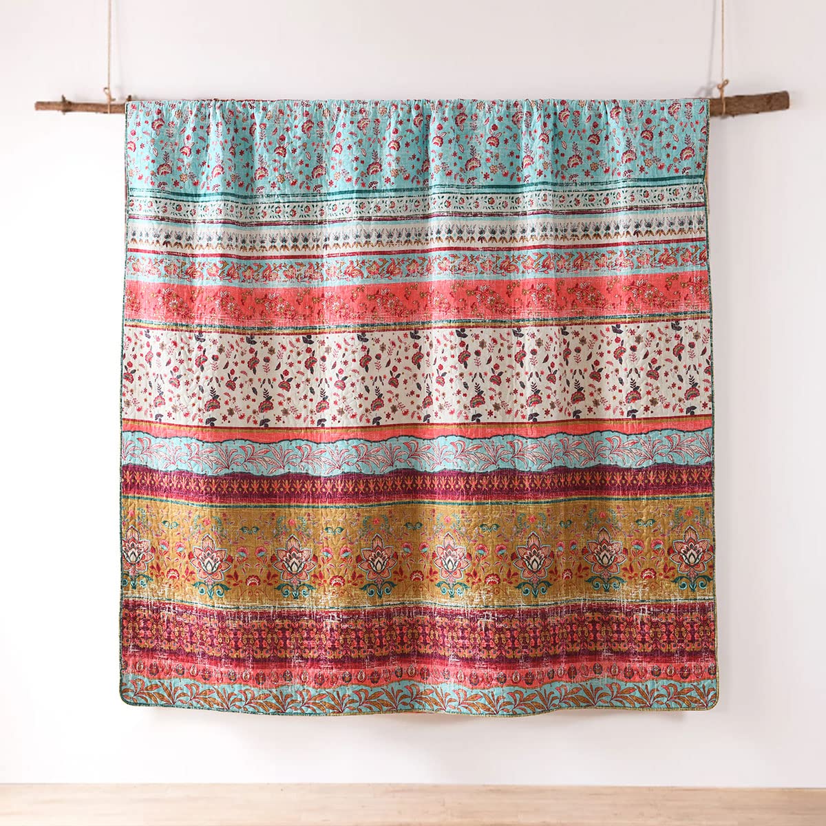 Boho Style Queen Quilt Set Reversible Bohemian Floral Strip Quilt Beddding Set, Soft and Lightweight Bedspread for All Season, Full Size Bed Coverlet with 2 Matching Pillow Shams (3 Pieces)