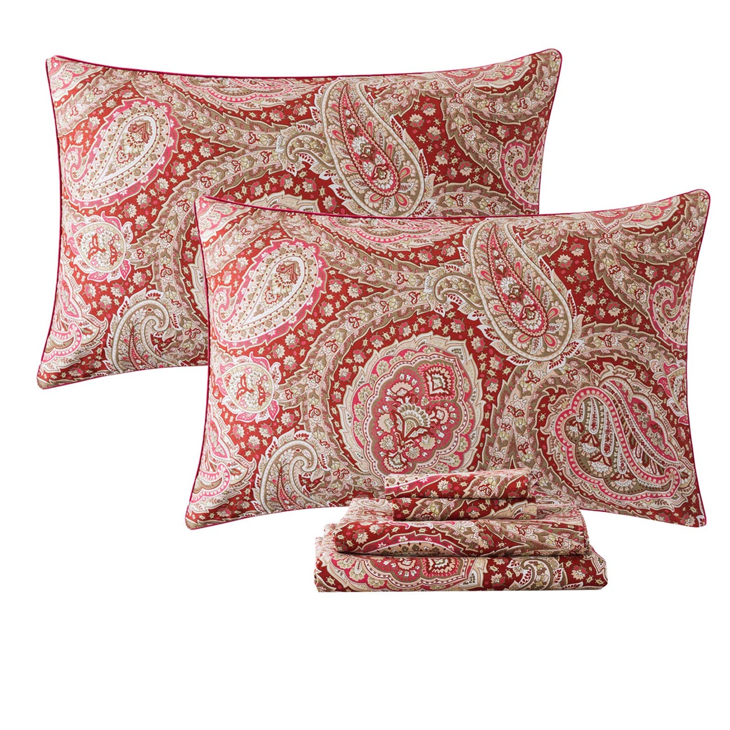 FADFAY Luxury Paisley Sheets Set King Classy Red and Gold Floral Farmhouse Bedding Elegent Red Paisley Bedding Set 100% Cotton Super Soft Hypoallergenic Deep Pocket Fitted Sheet 4-Pieces, King Size