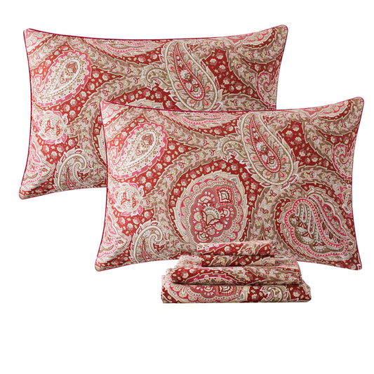 FADFAY Luxury Paisley Sheets Set King Classy Red and Gold Floral Farmhouse Bedding Elegent Red Paisley Bedding Set 100% Cotton Super Soft Hypoallergenic Deep Pocket Fitted Sheet 4-Pieces, King Size