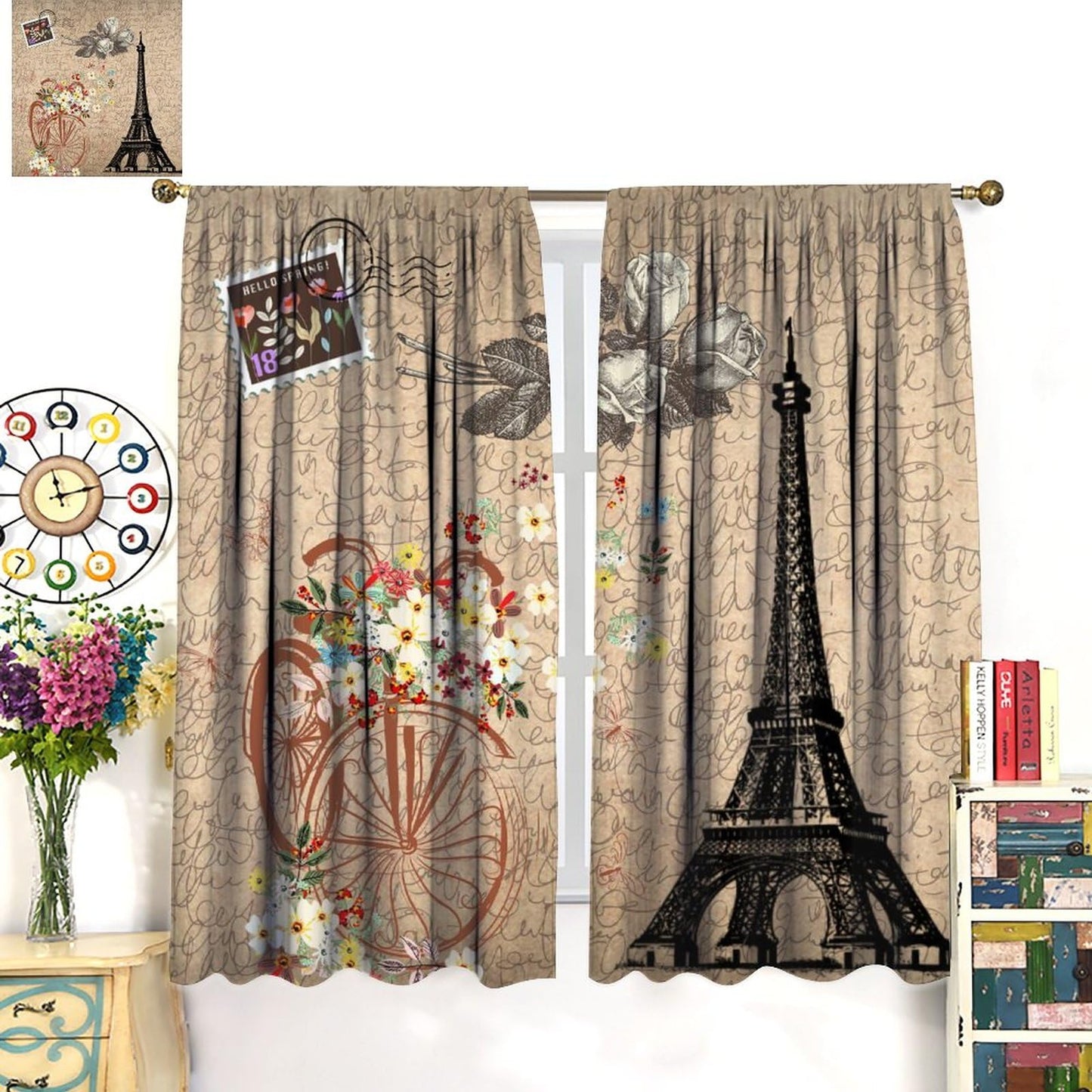Vintage Paris Eiffel Tower Curtains - Rustic Romantic Rose French Paris Tower Old Bicycle Floral Window Curtain Room Darkening Blackout Thermal Insulated Rod Pocket Curtains 2 Panels 45"L x 21"W