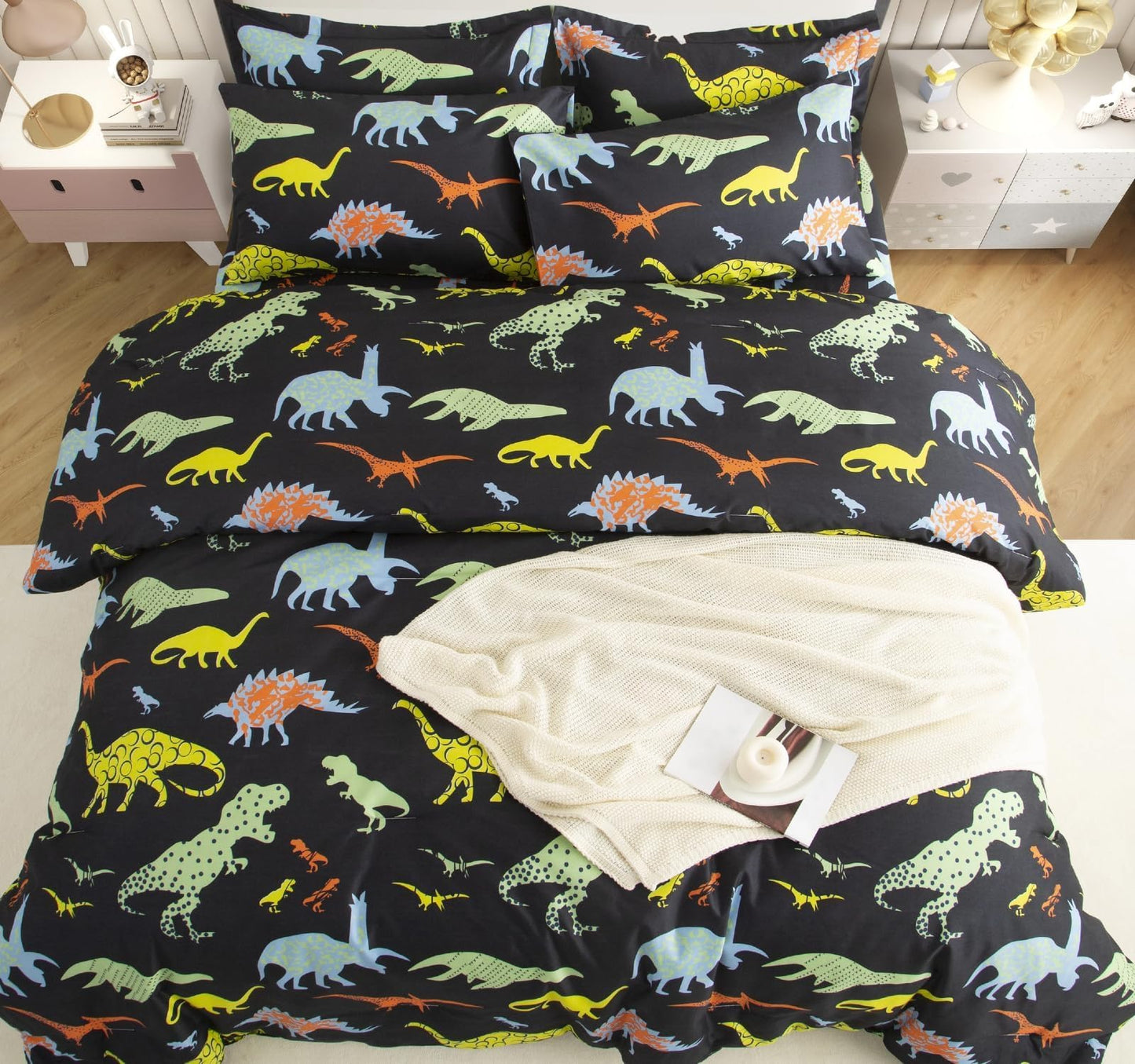 SDY 7PCS Twin Dinosaur Bedding Set，Soft Dino Bedding for Kids,Boys and Girls with Dinosaur 1Comforter 1FittedSheet 1FlatSheet 2Pillowcases 2PillowShams