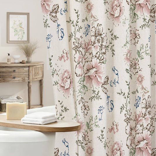 Craidlela Farmhouse Floral Shower Curtain, Spring Linen Shower Curtains, Vintage Cottagecore Shower Curtain for Bathroom, Tan Taupe, 72x72