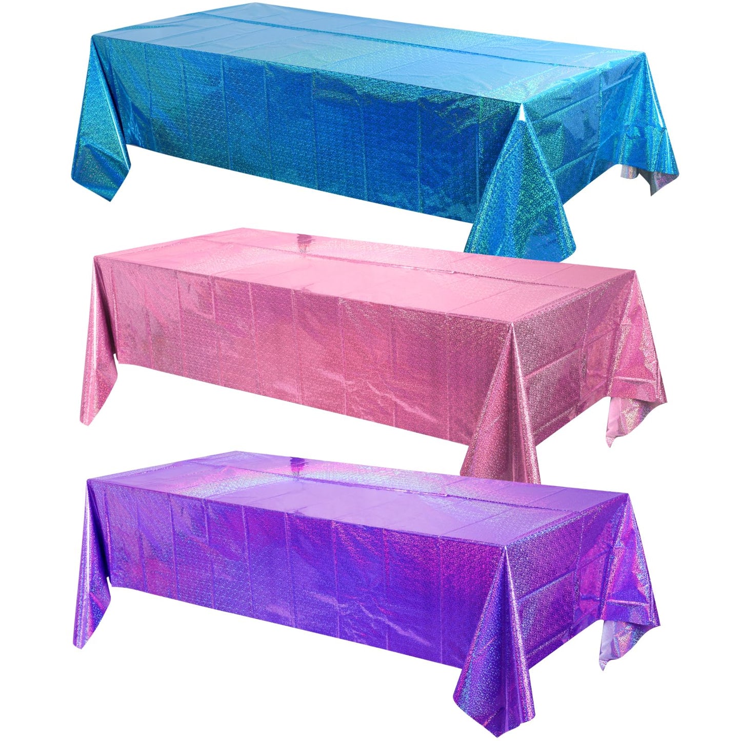 FunnyPars 3 Pack Iridescent Pink Purple and Blue Kpop Plastic Tablecloths, Disposable Rectangle Table Covers, Holographic Metallic Foil Tablecloth Party Decorations for Kpop Birthday, 54x108 Inch