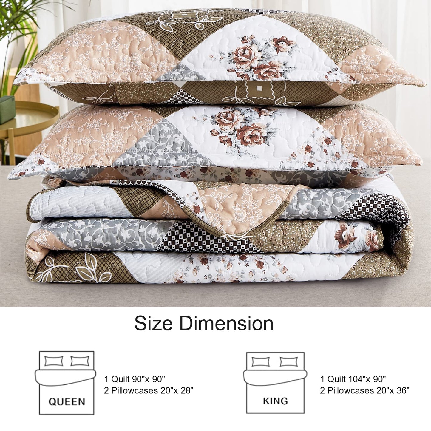 Dinjoy Floral Plaid Patchwork Quilt Set Queen Size, Reversible Brown Bedding Set Soft Microfiber Lightweight Bedspread Coverlet 3 Piece Spring Summer Fall Use (90x90 inches)