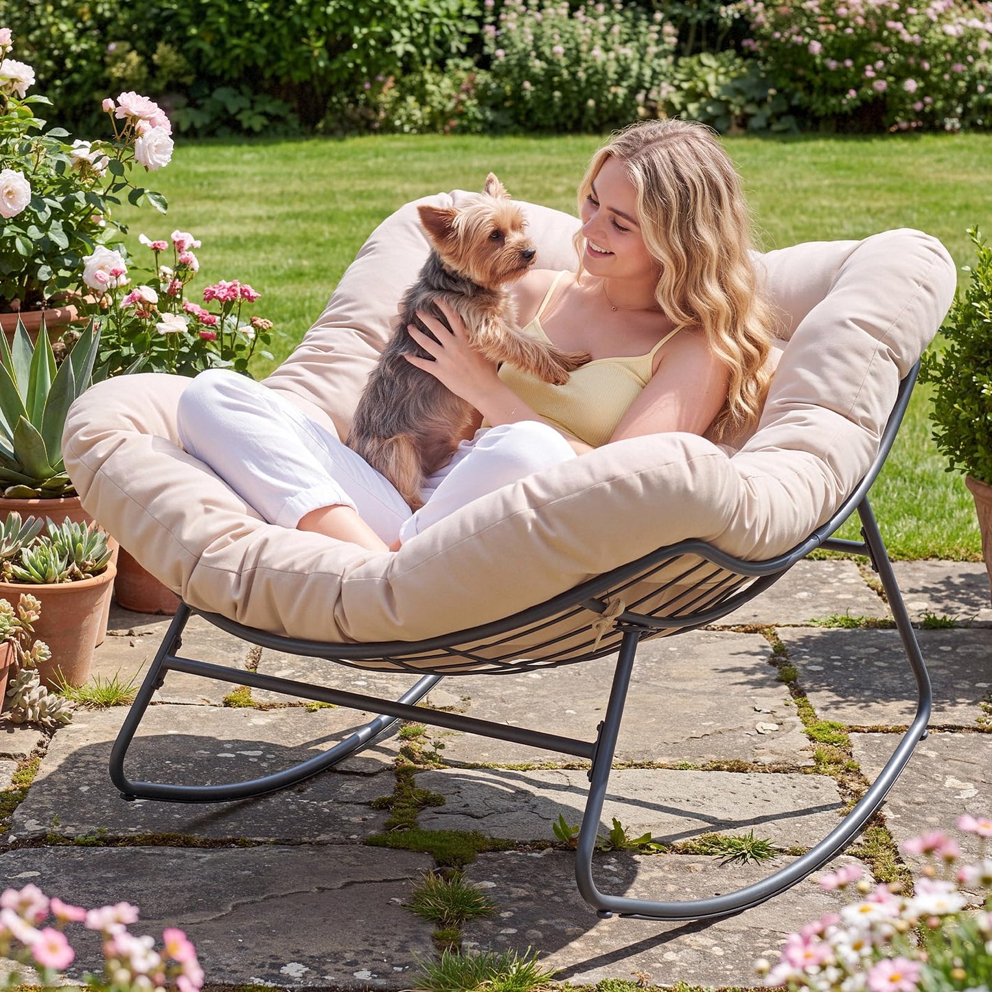 Dovov Outdoor Papasan Rocking Chair, Oversized Rocking Chair with Thickened Cushion, 450 lbs Heavy Duty Comfy Patio Egg Chair, Oversized Outdoor Rocker Chair for Porch Garden Balcony Indoor, Beige