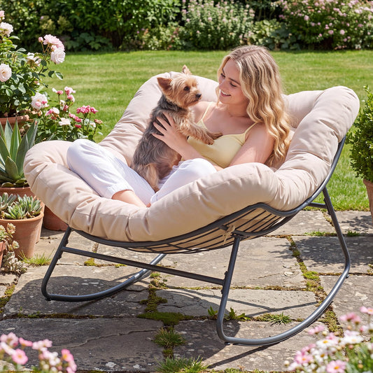 Dovov Outdoor Papasan Rocking Chair, Oversized Rocking Chair with Thickened Cushion, 450 lbs Heavy Duty Comfy Patio Egg Chair, Oversized Outdoor Rocker Chair for Porch Garden Balcony Indoor, Beige