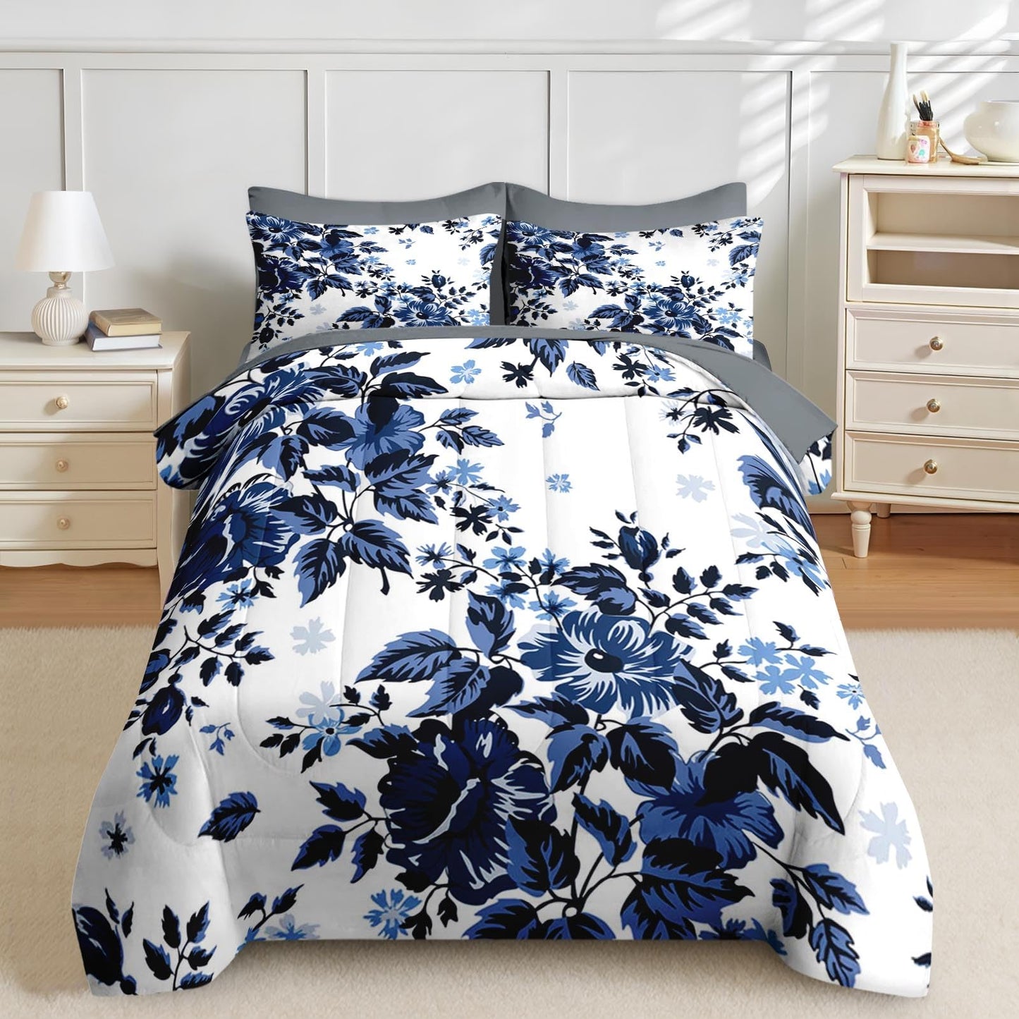 Nesker Comforter Set Full Size, Spring Floral Navy Blue 7 Pcs Bedding for Kids and Adults, Flower Modern Classic Bed Sheet Sets with Fitted Sheet 2 Pillowcases & 2 Shams