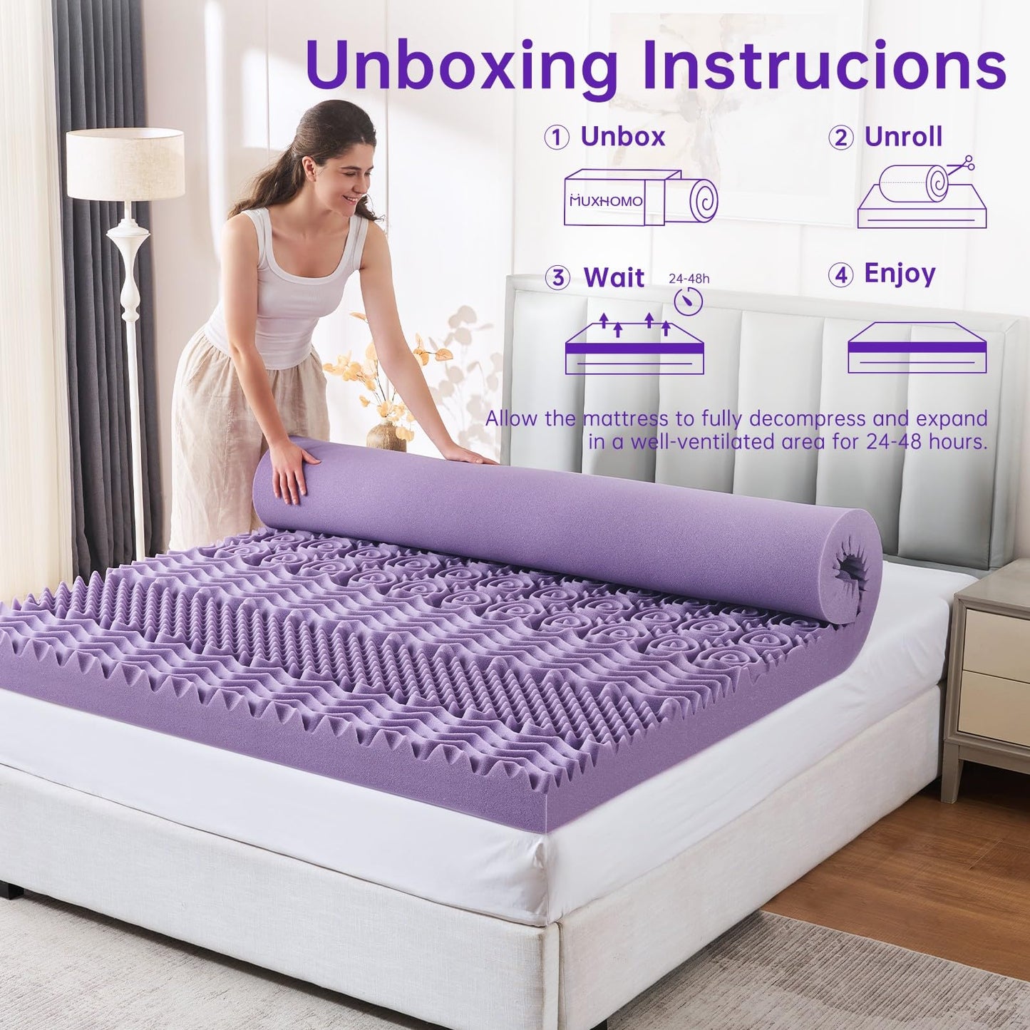 MUXHOMO 3 Inch 7-Zone Queen Mattress Topper, Egg Crate Memory Foam Mattress Topper Queen Size for Back Pain, Lavender Cooling Gel Infused Bed Pad, CertiPUR-US and Oeko-TEX Certification (60"×80")