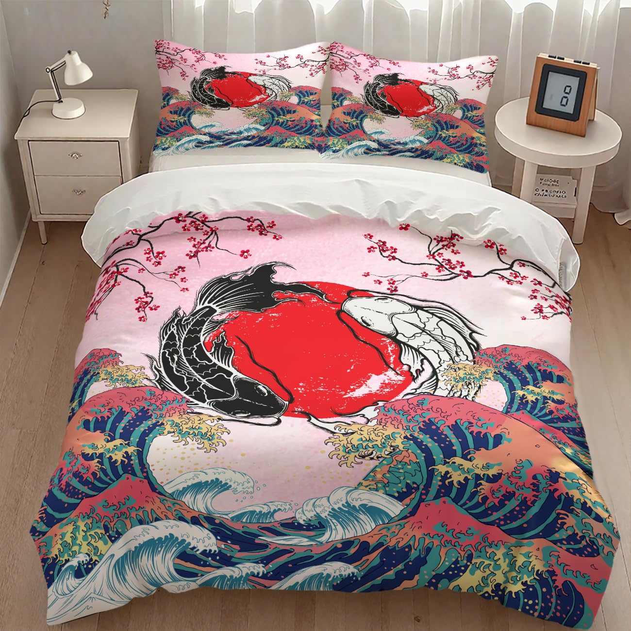 Lnepty Japanese Koi Fish Bedding Set,Asian Style Pink Cherry Blossom Big Wave Yin Yang Black White Koi Retro Landscape Comforter Set with Pillowcase for Bedroom Bed Decor,Twin 86"x70"